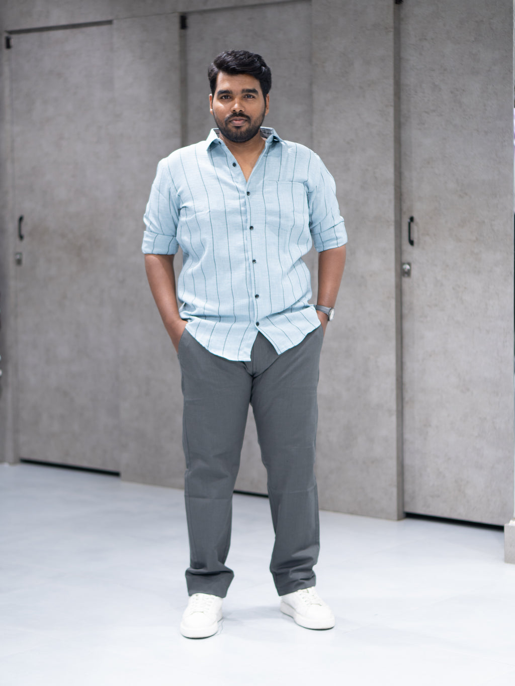 Sky Blue Striped Linen Blend Shirt