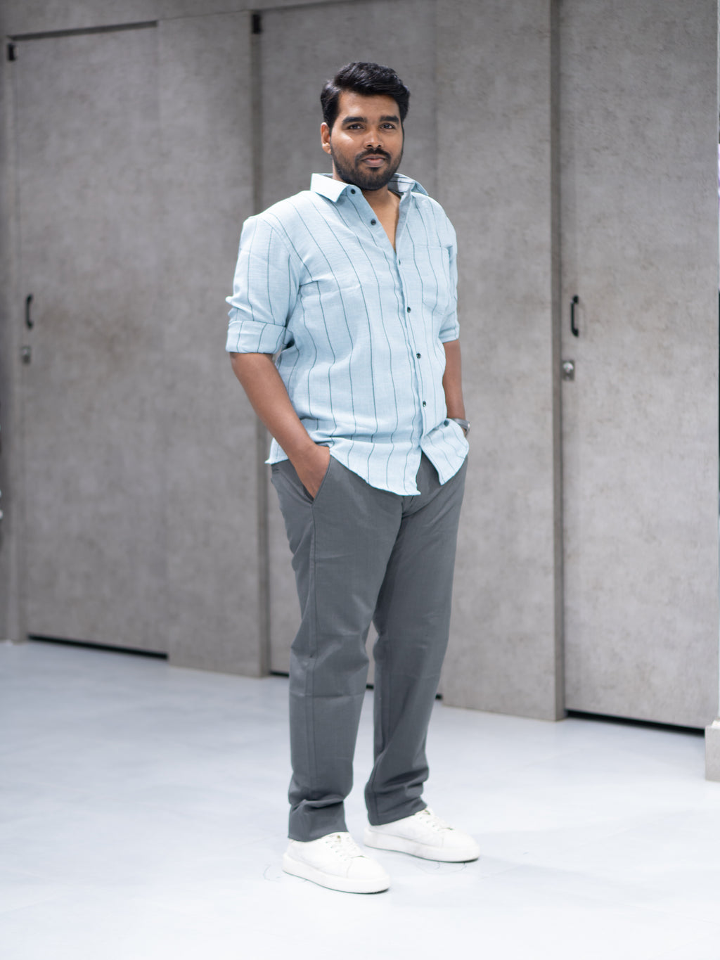 Sky Blue Striped Linen Blend Shirt
