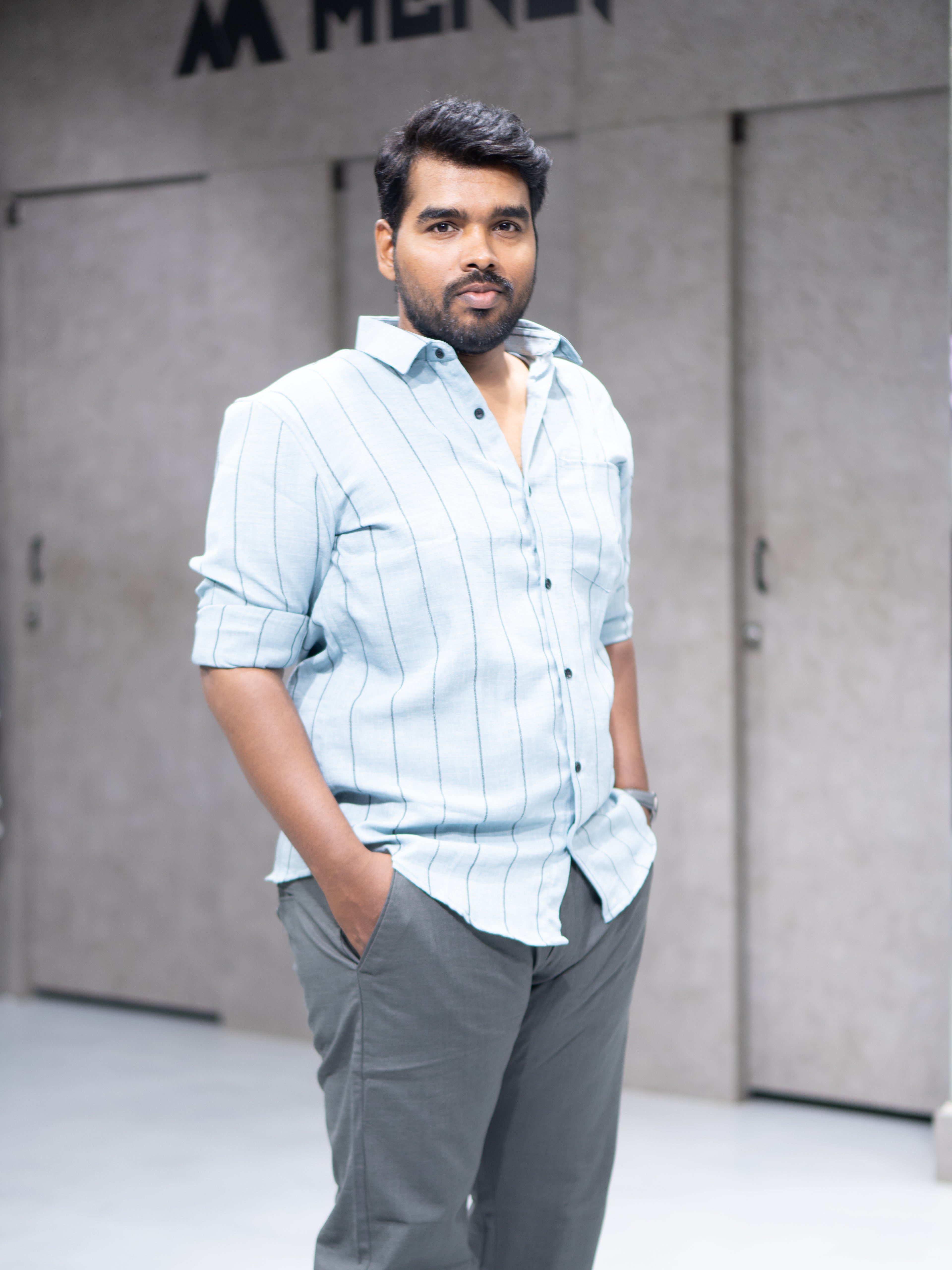 Sky Blue Striped Linen Blend Shirt