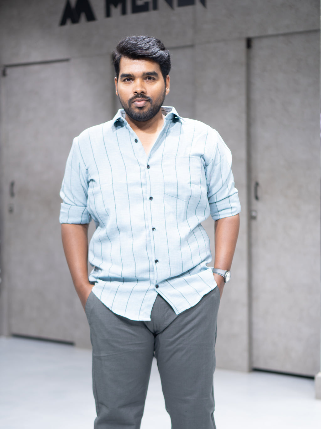 Sky Blue Striped Linen Blend Shirt