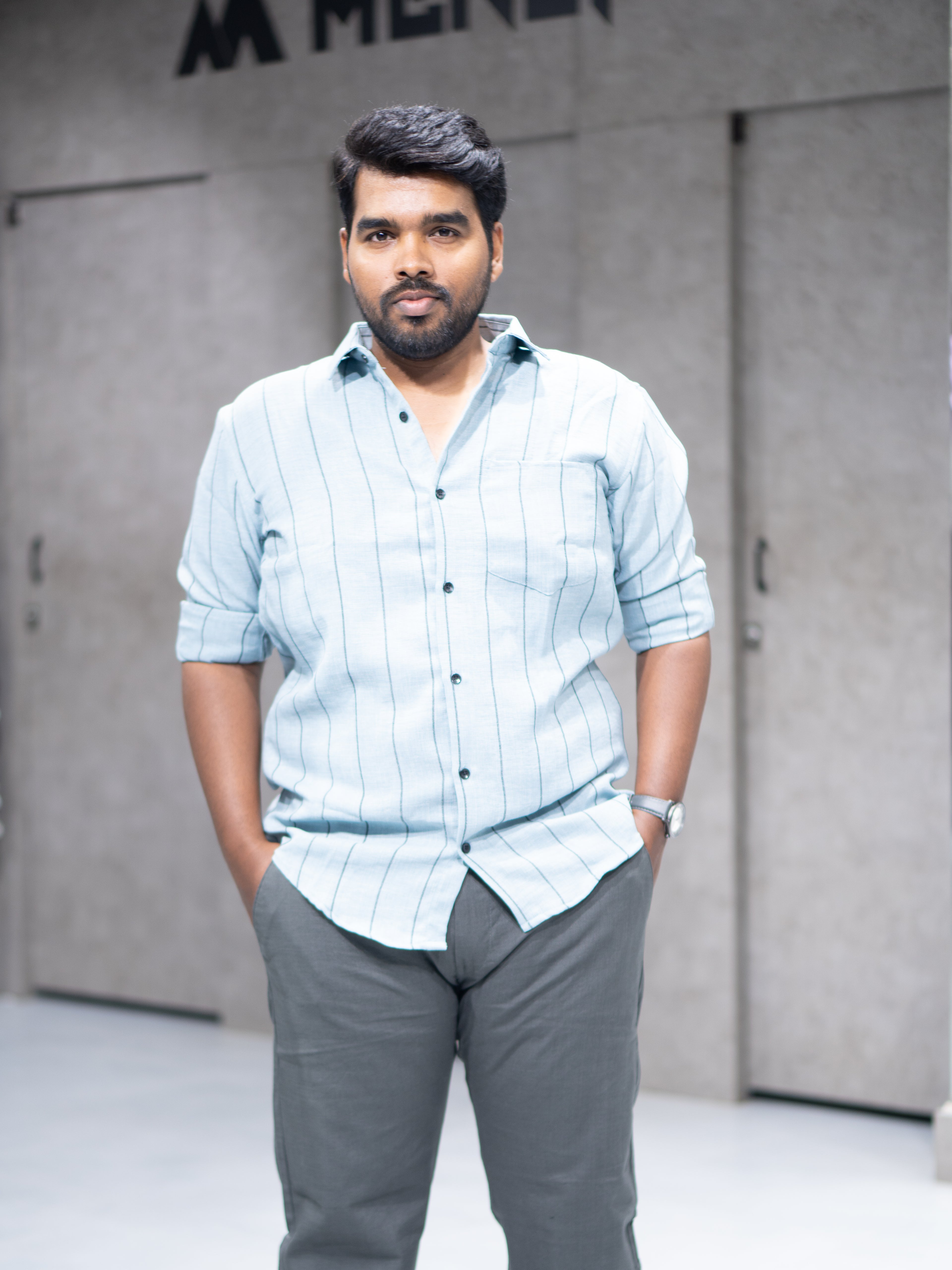 Sky Blue Striped Linen Blend Shirt