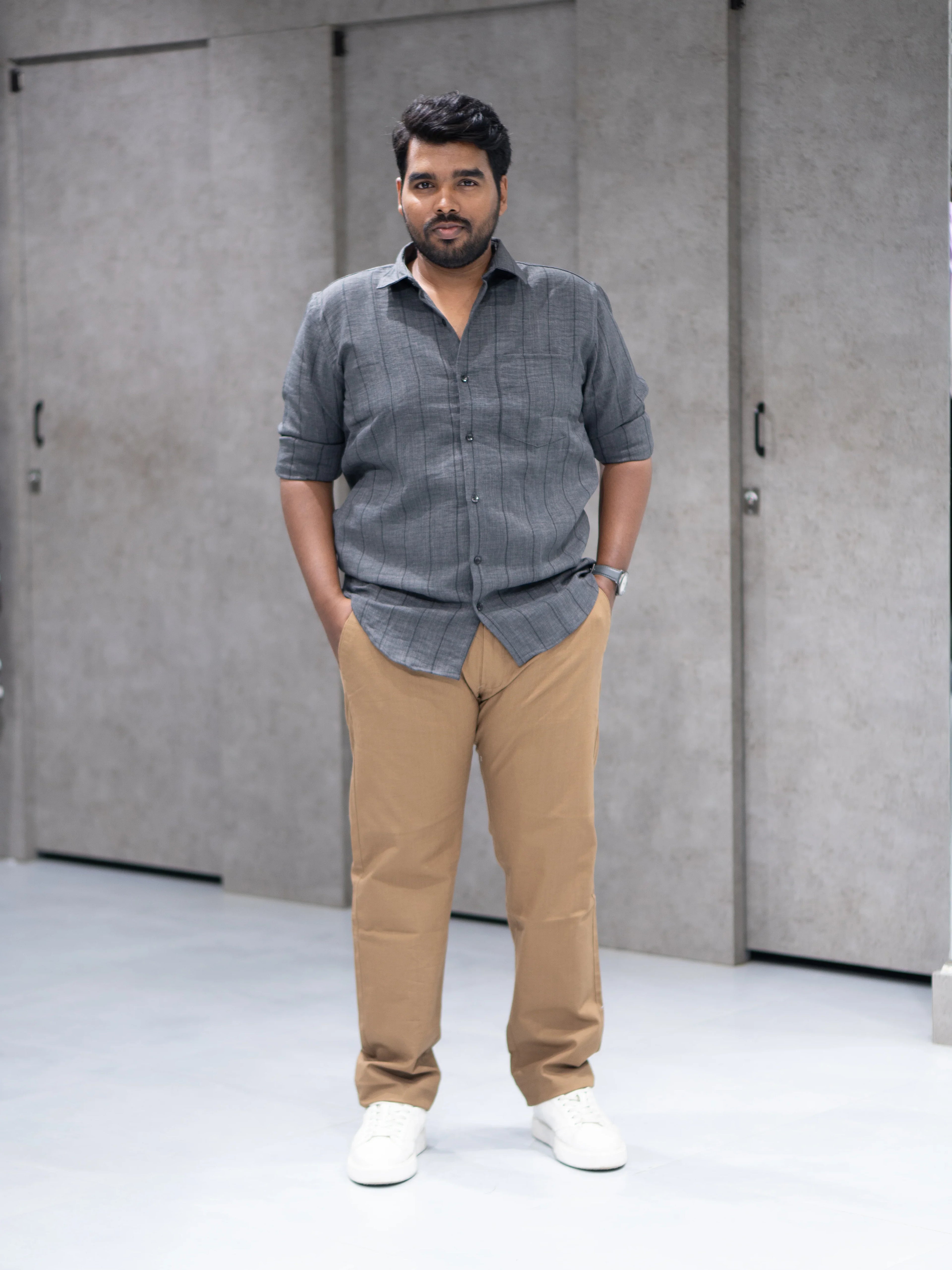 Dark Grey Striped Linen Blend Shirt