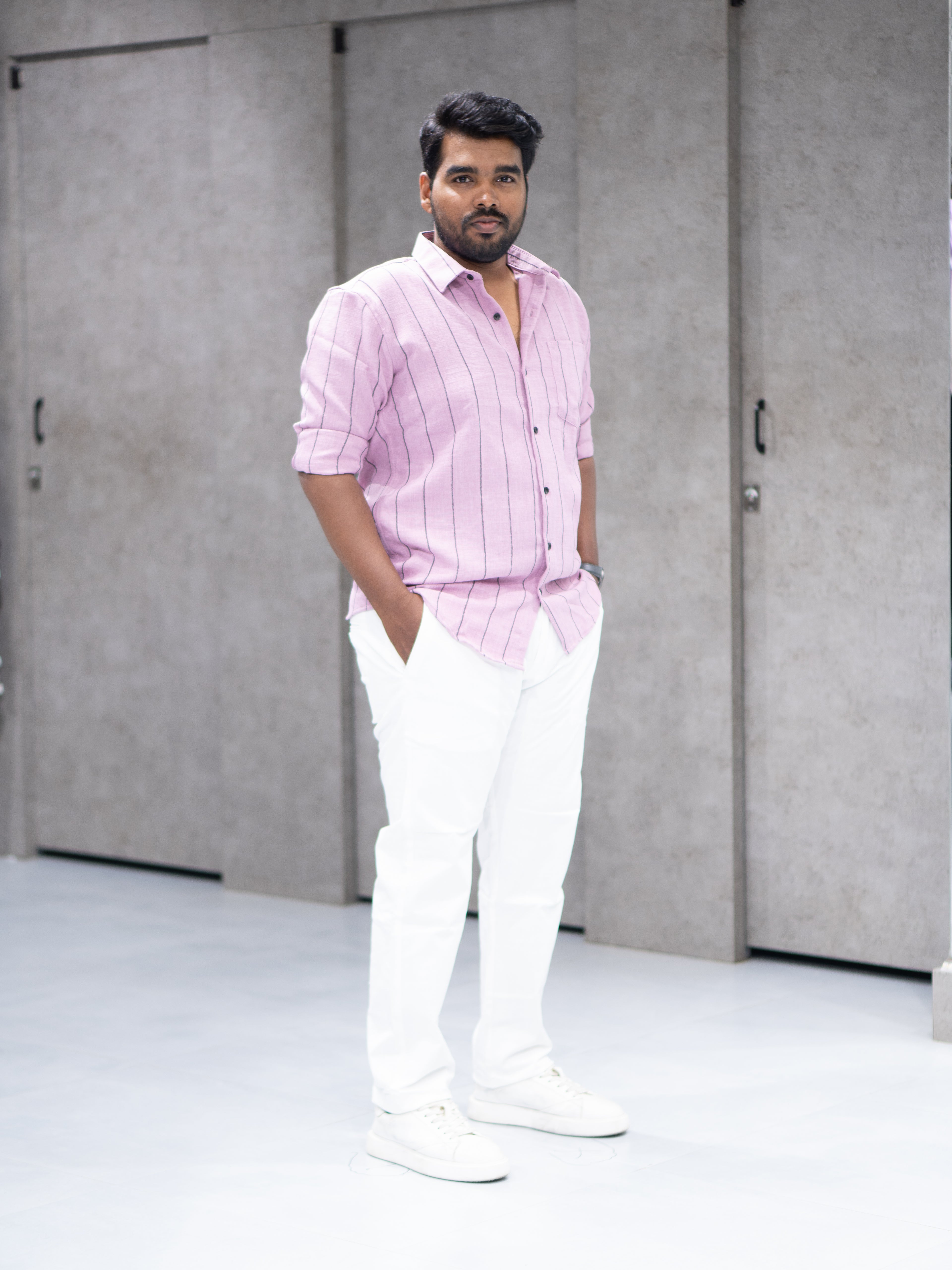 Lilac Pink Striped Linen Blend Shirt