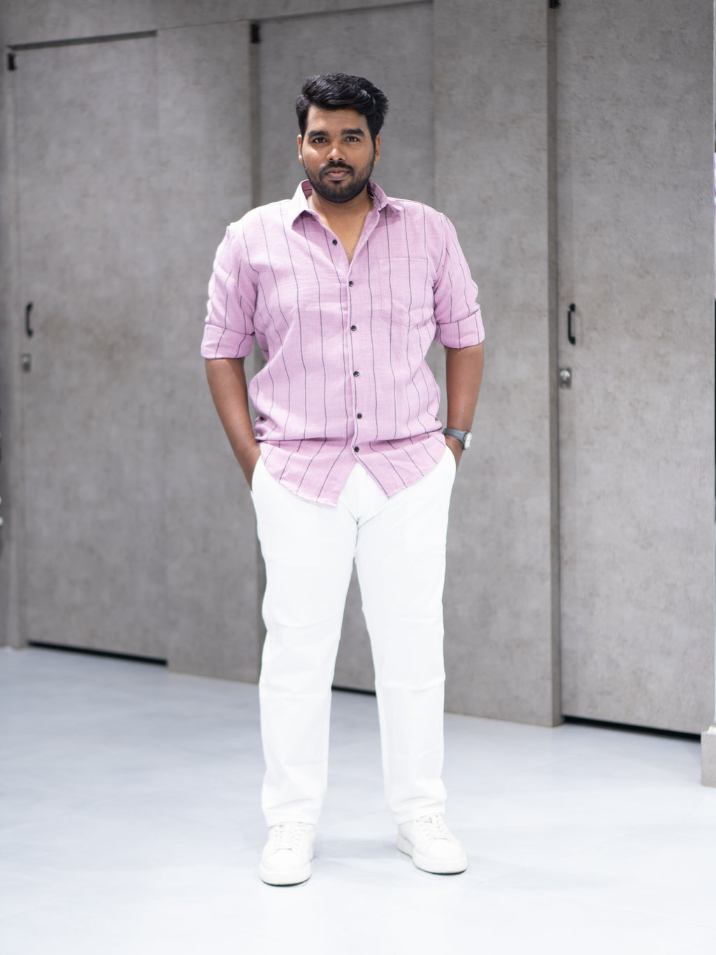 Lilac Pink Striped Linen Blend Shirt