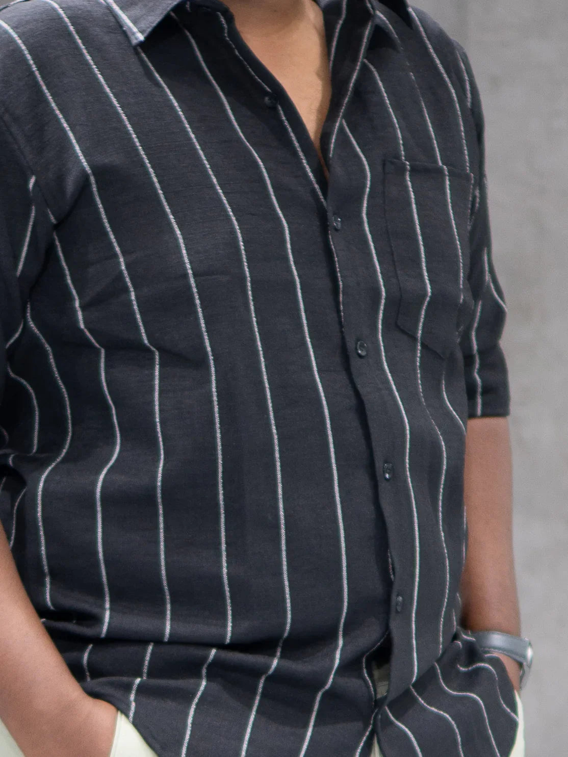 Charcoal Black Striped Linen Blend Shirt