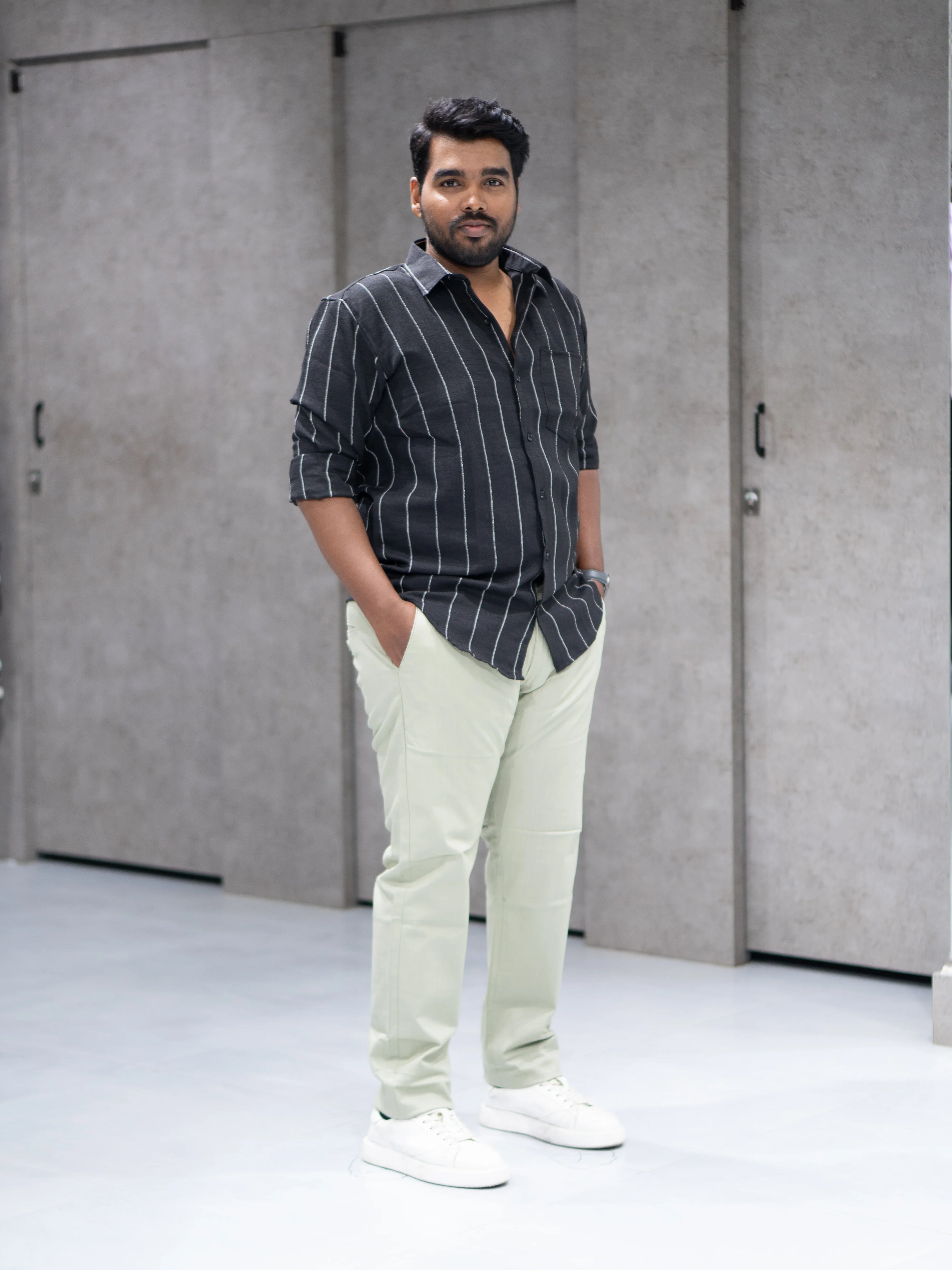 Charcoal Black Striped Linen Blend Shirt
