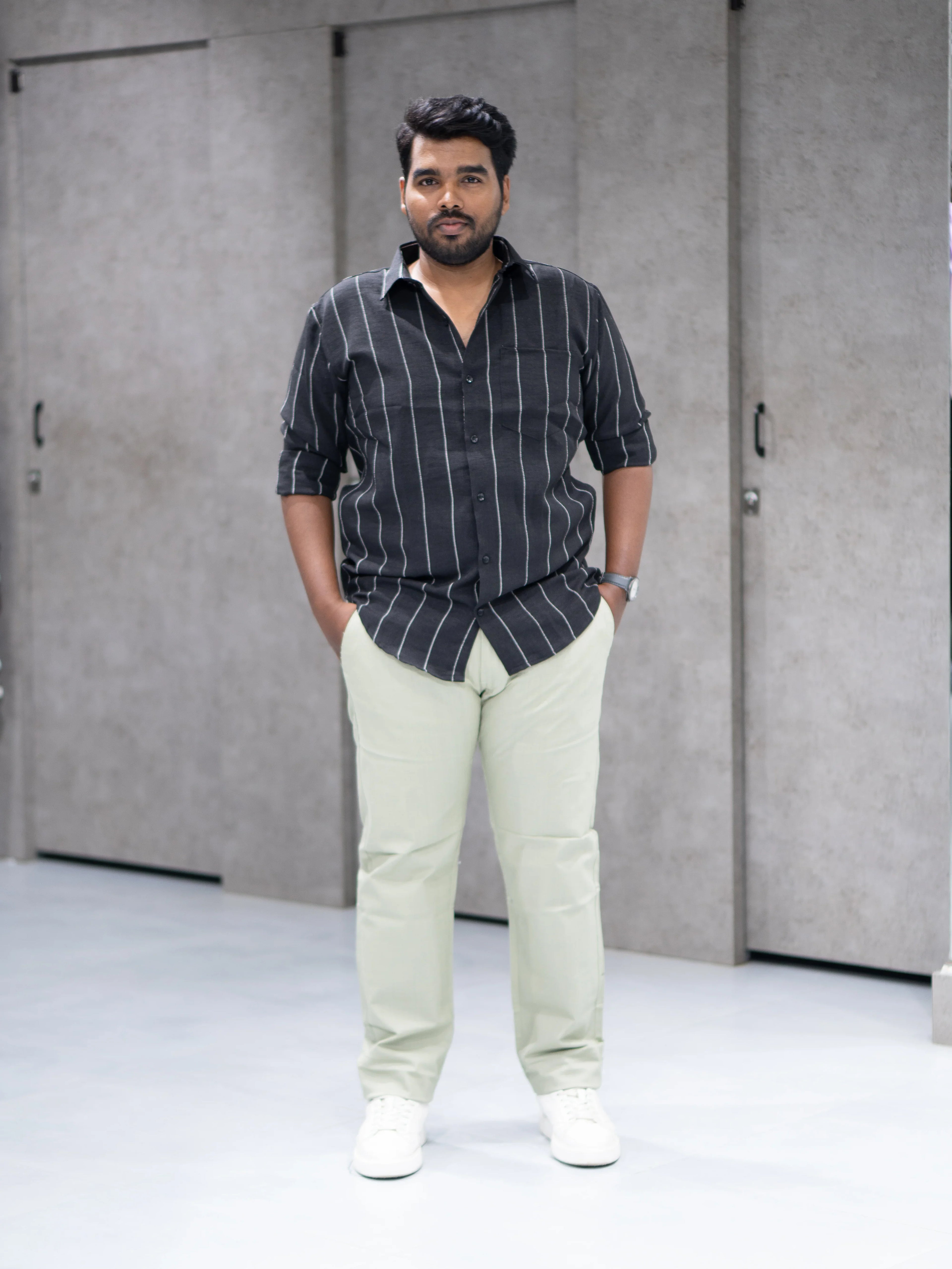 Charcoal Black Striped Linen Blend Shirt