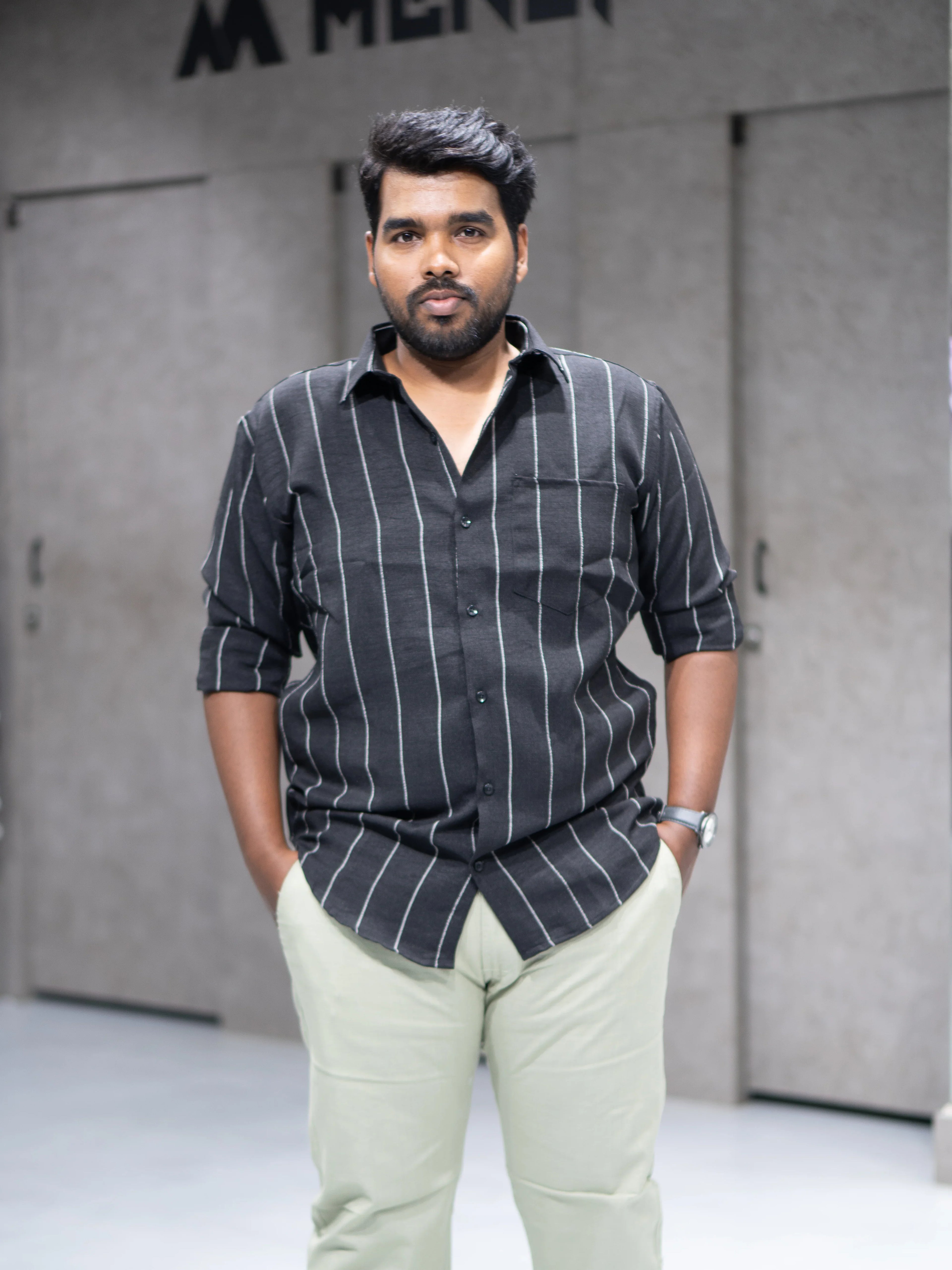 Charcoal Black Striped Linen Blend Shirt