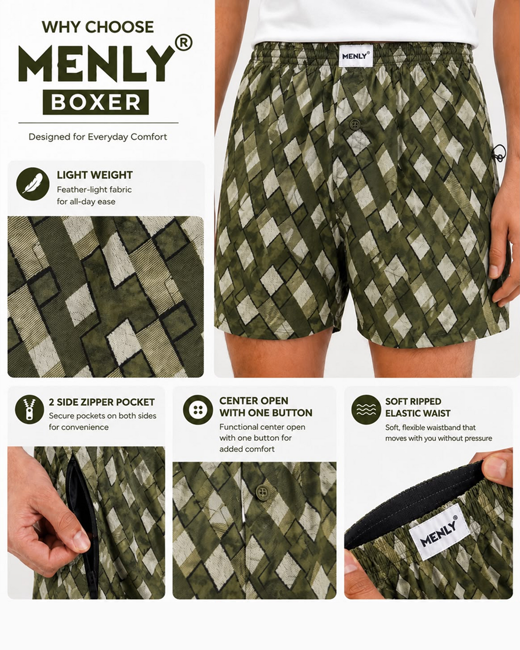 Olive Geometric Print Boxer