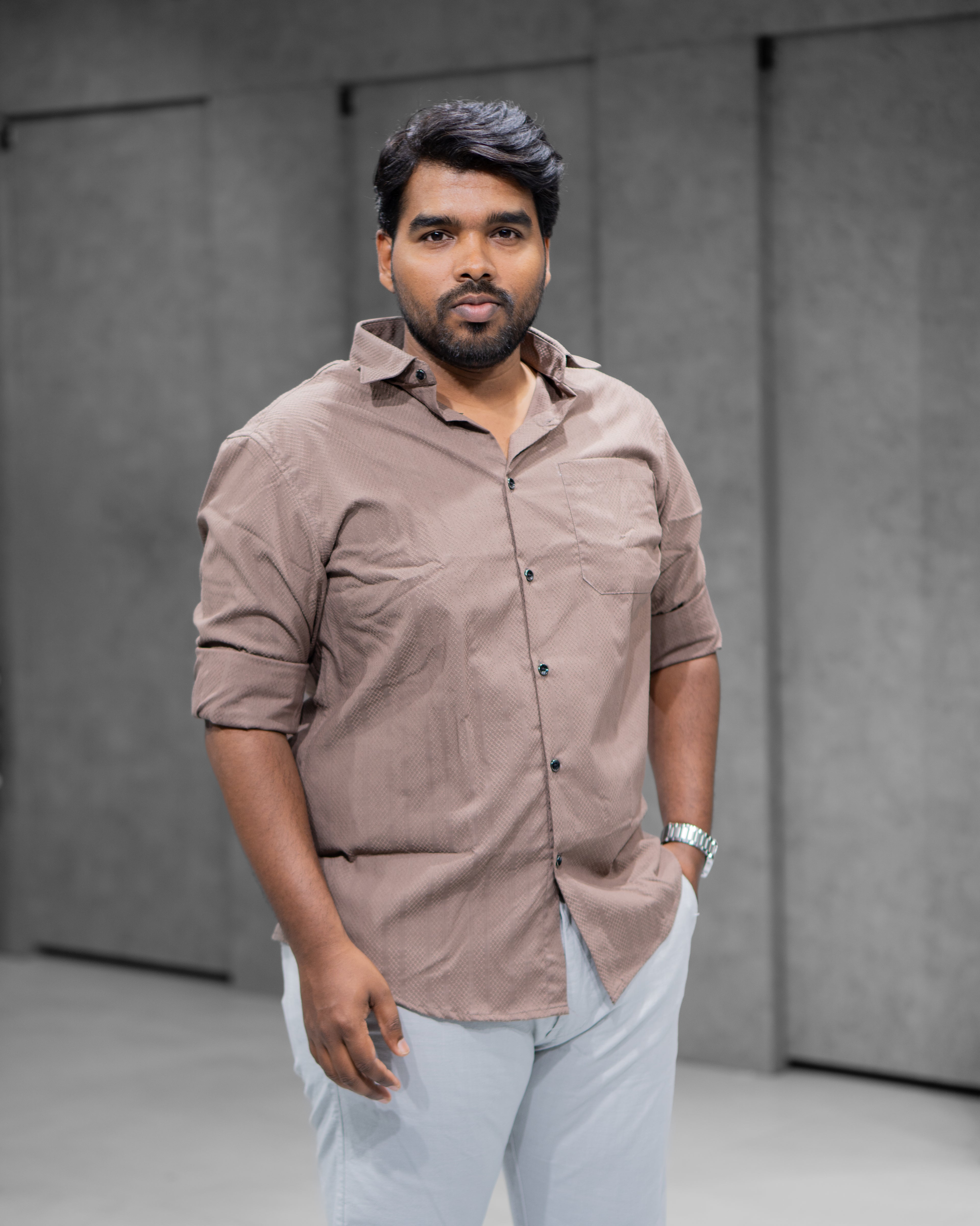 Taupe Brown Textured Full Sleeve Shirt - Menly Clothing