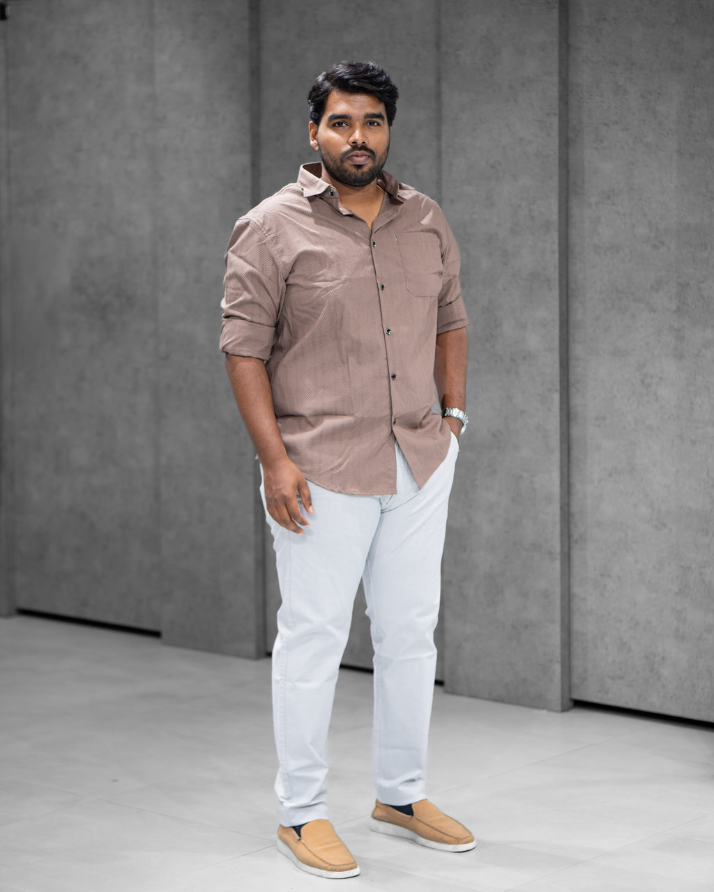 Taupe Brown Textured Full Sleeve Shirt - Menly Clothing