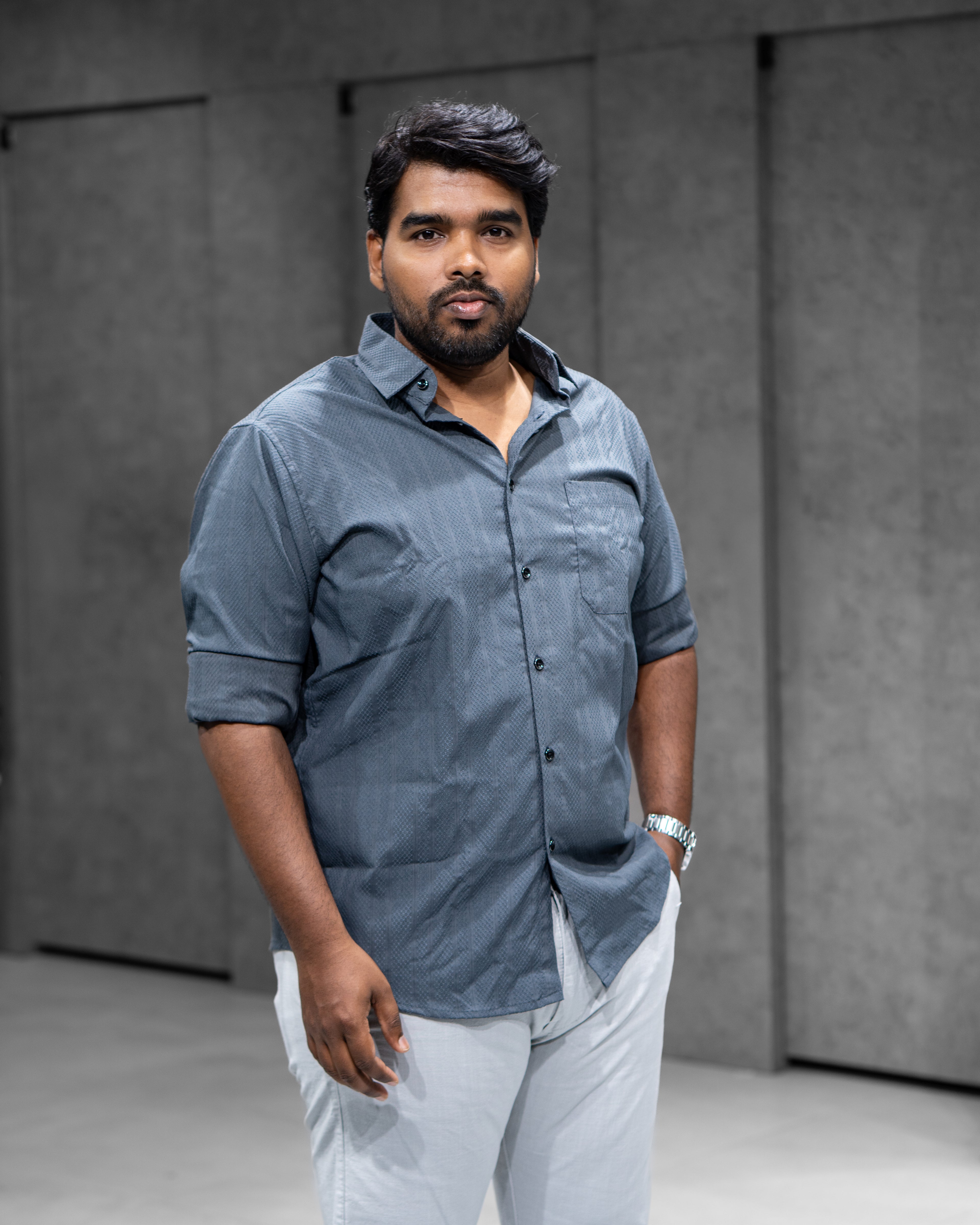 Steel Grey Textured Full Sleeve Shirt - Menly Clothing