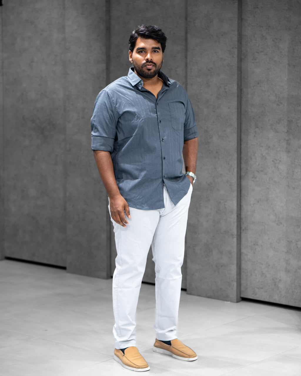Steel Grey Textured Full Sleeve Shirt - Menly Clothing