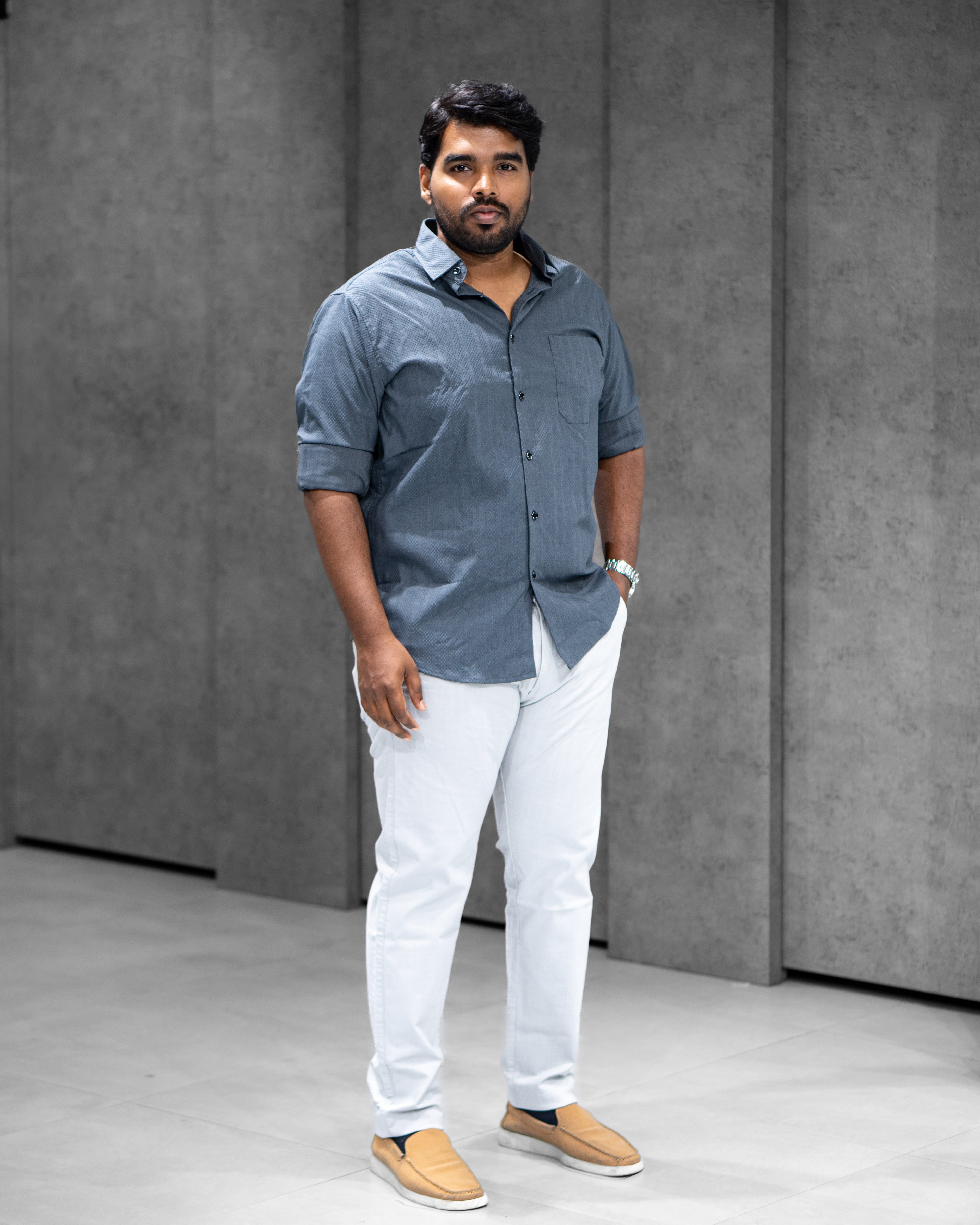 Steel Grey Textured Full Sleeve Shirt - Menly Clothing