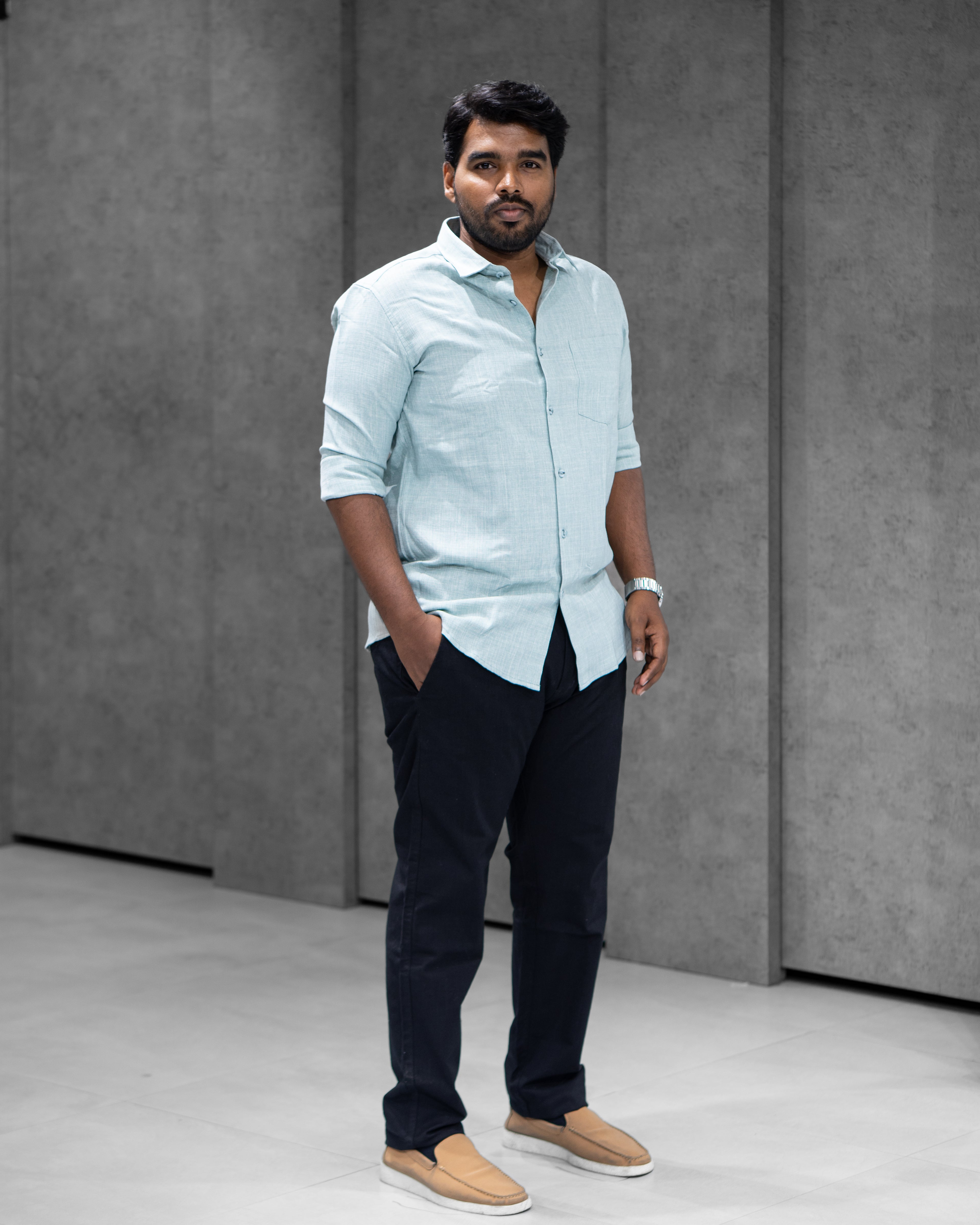 Ice Blue Linen Blended Shirt - Menly Clothing
