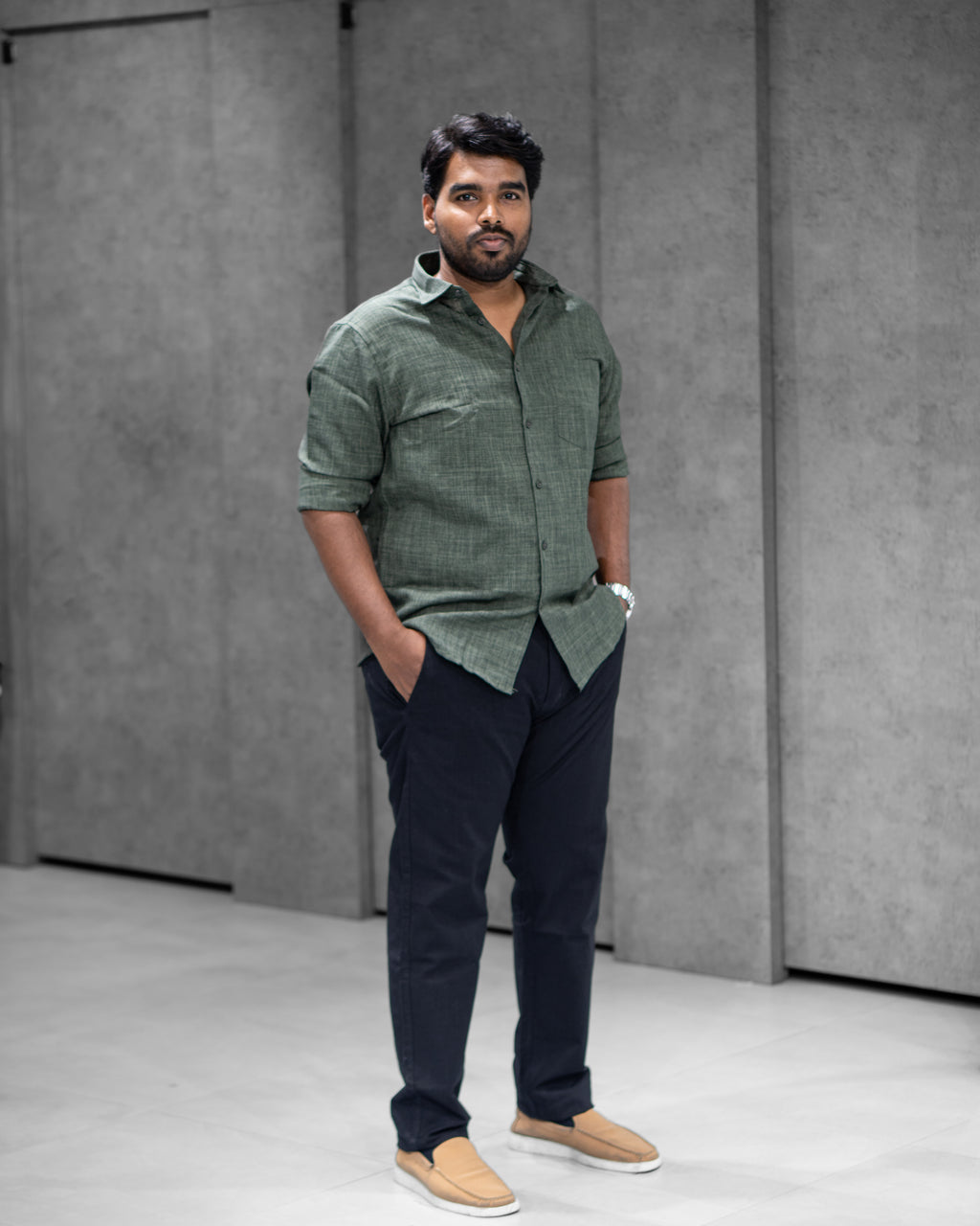 Forest Green Linen Blended Shirt - Menly Clothing