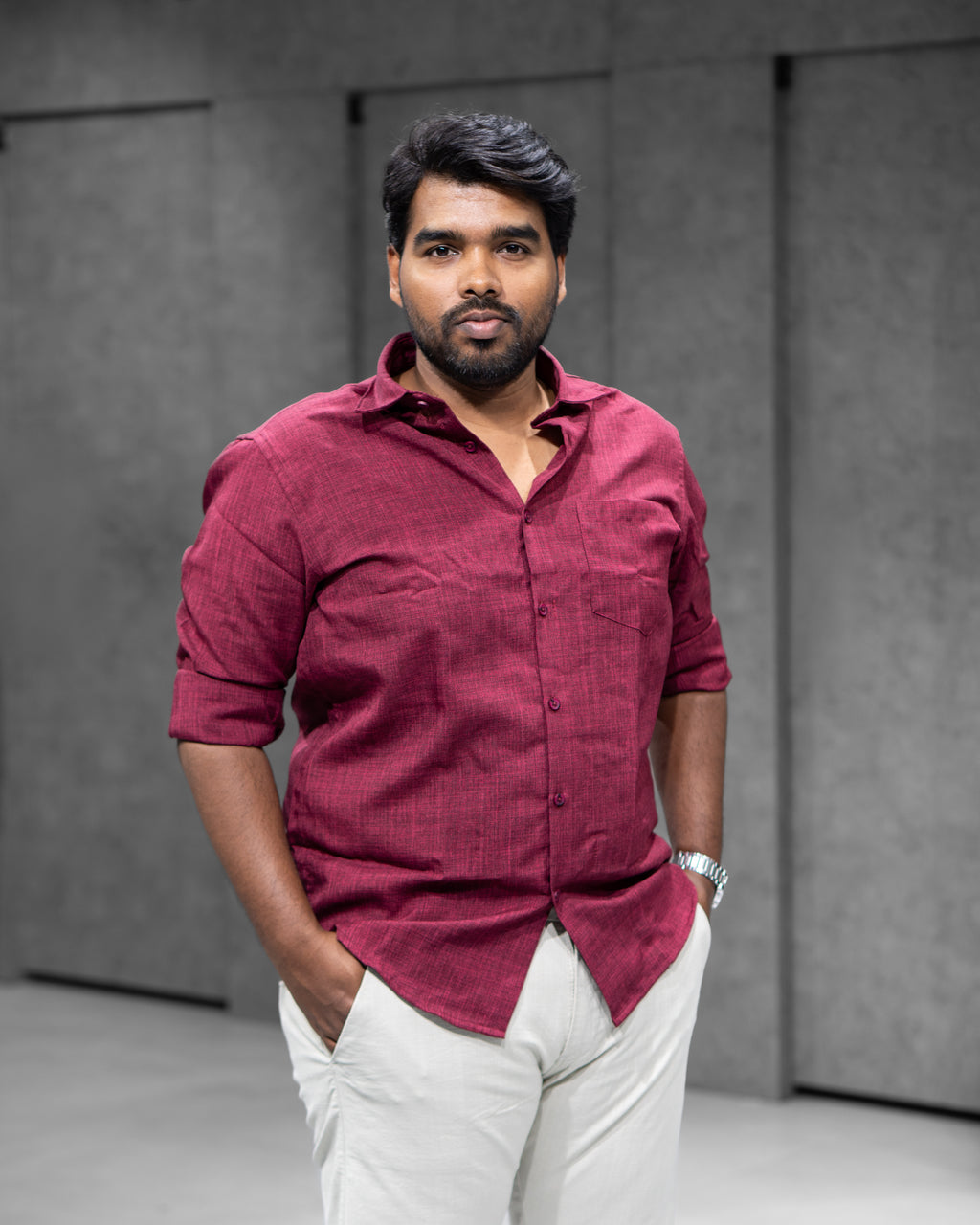 Wine Red Linen Blended Shirt - Menly Clothing