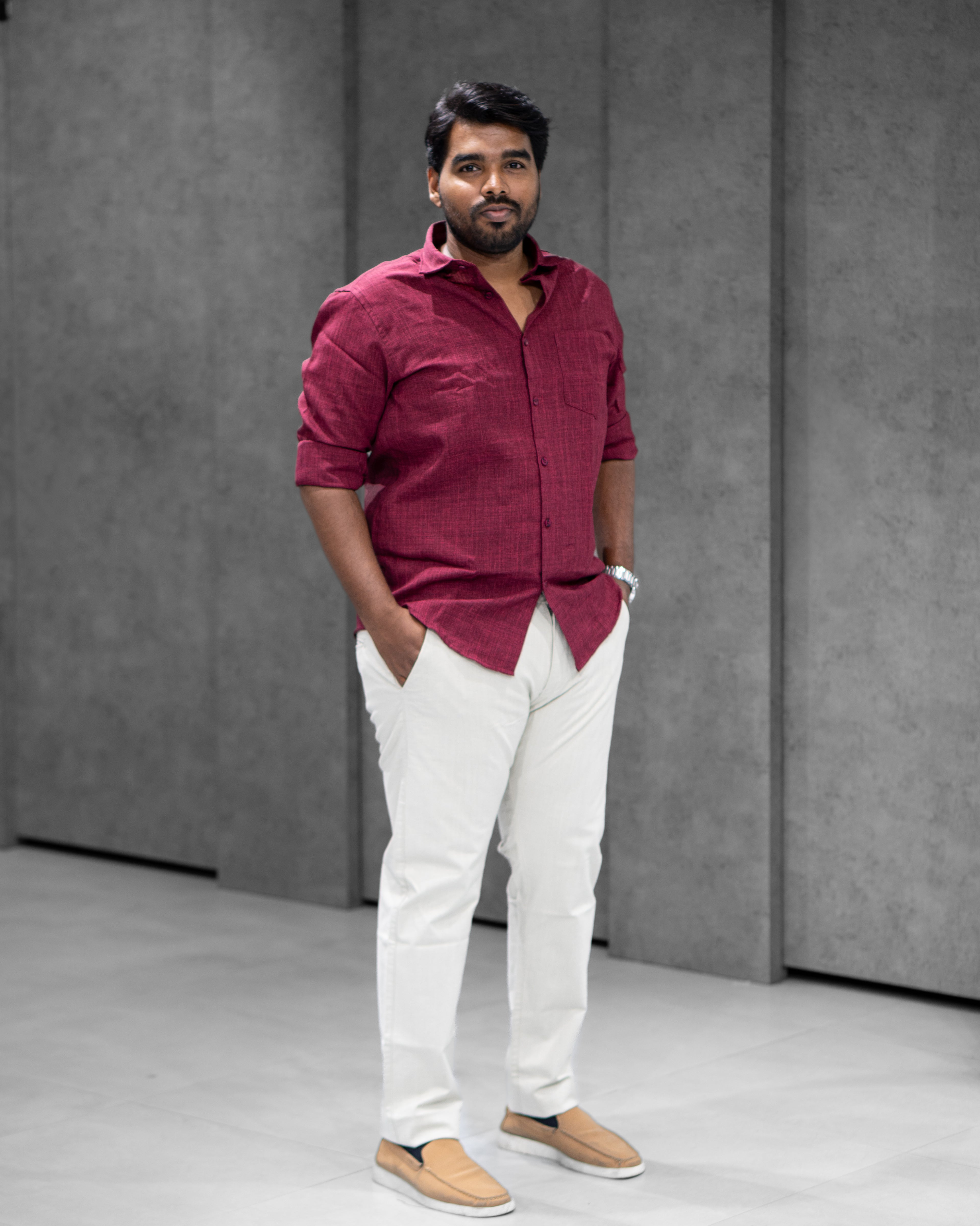 Wine Red Linen Blended Shirt - Menly Clothing