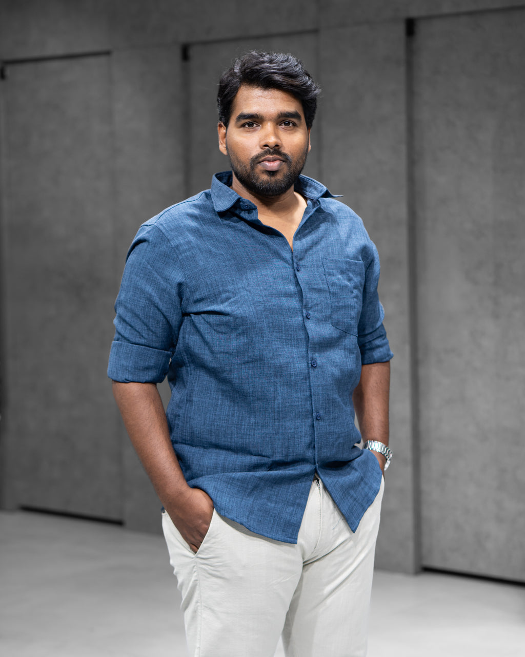 Indigo Blue Linen Blended Shirt