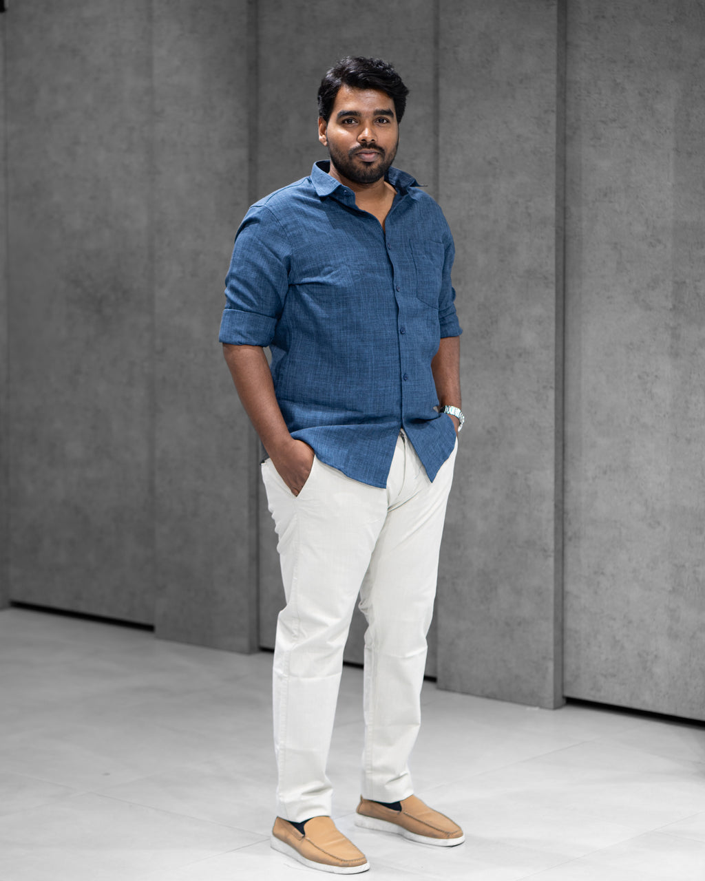 Indigo Blue Linen Blended Shirt