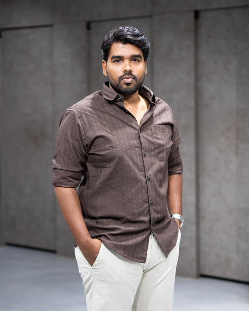 Coffee Brown Textured Full Sleeve Shirt - Menly Clothing