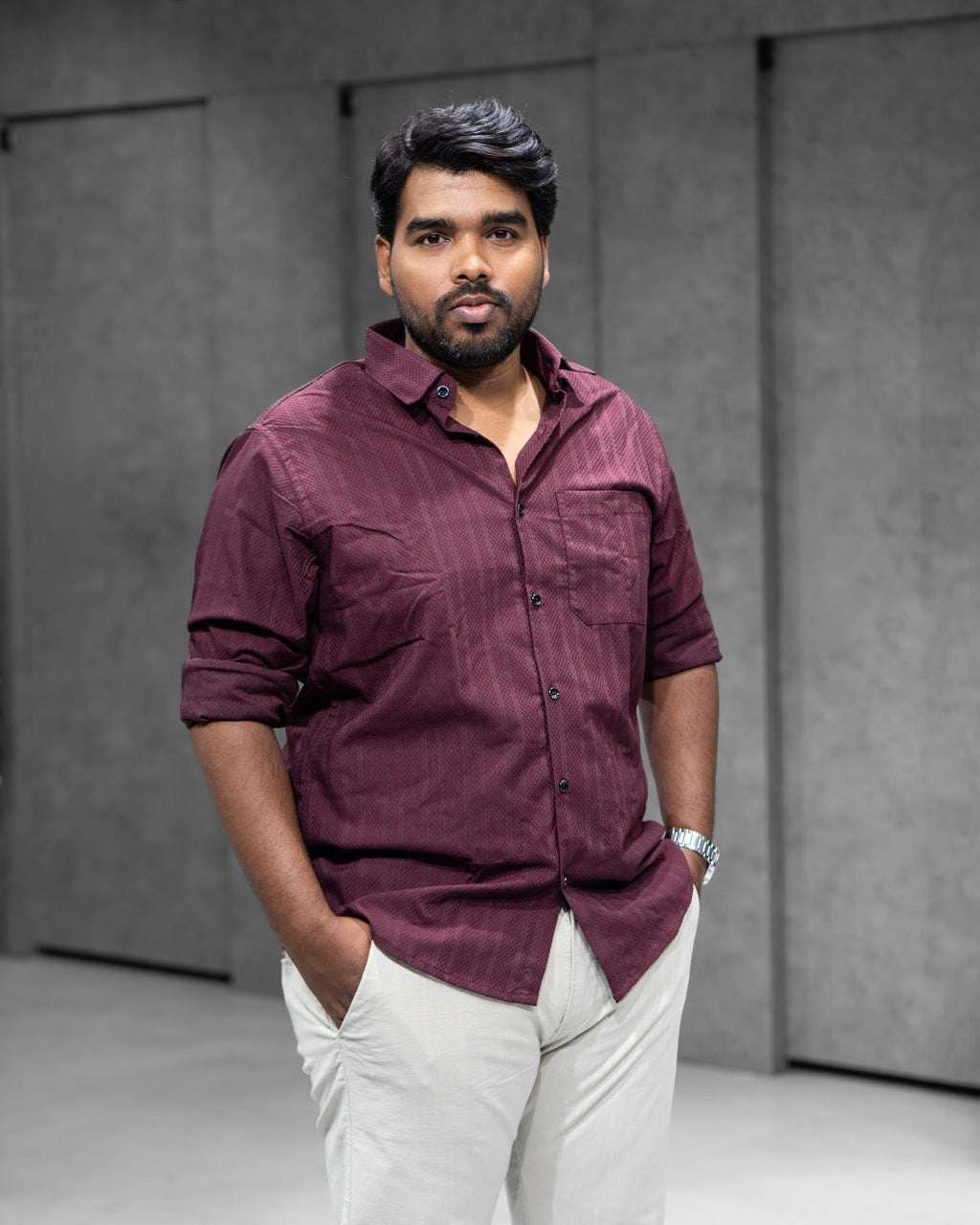 Wine Maroon Textured Full Sleeve Shirt - Menly Clothing