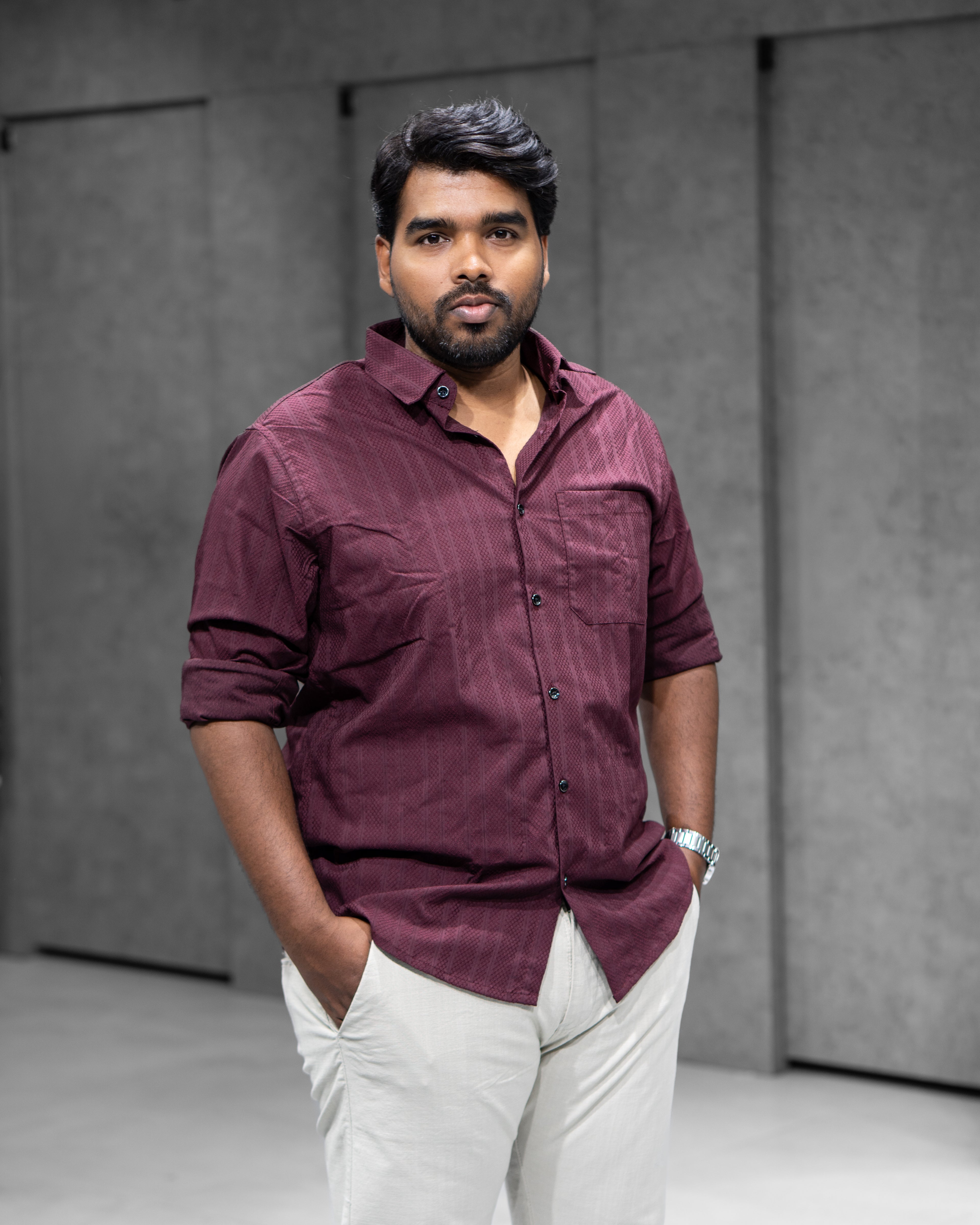 Wine Maroon Textured Full Sleeve Shirt - Menly Clothing