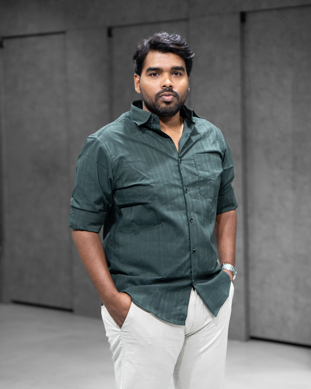 Forest Green Textured Full Sleeve Shirt - Menly Clothing