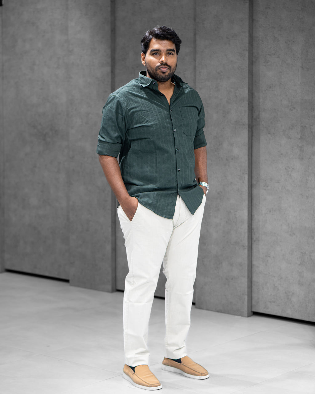 Forest Green Textured Full Sleeve Shirt - Menly Clothing