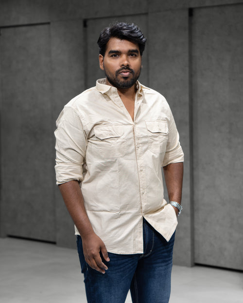 Classic Cream Double Pocket Cotton Shirt - Menly Clothing