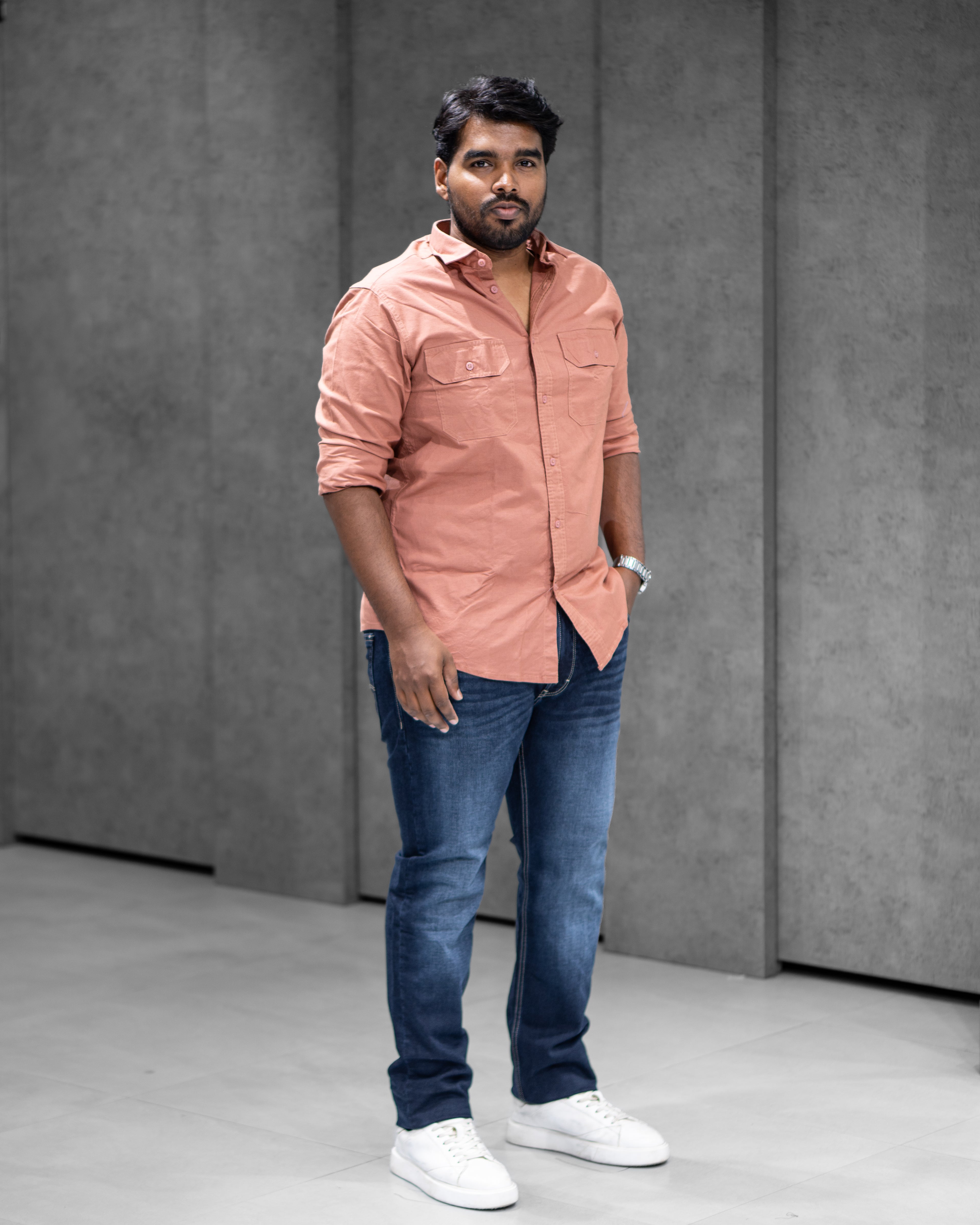 Brick Orange Double Pocket Cotton Shirt