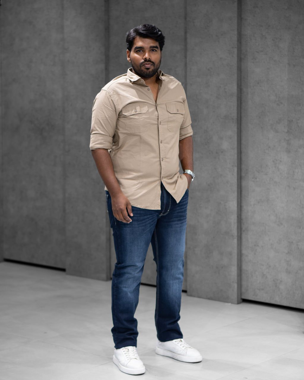 Sand Beige Double Pocket Cotton Shirt - Menly Clothing
