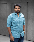 Teal Blue Double Pocket Cotton Shirt - Menly Clothing