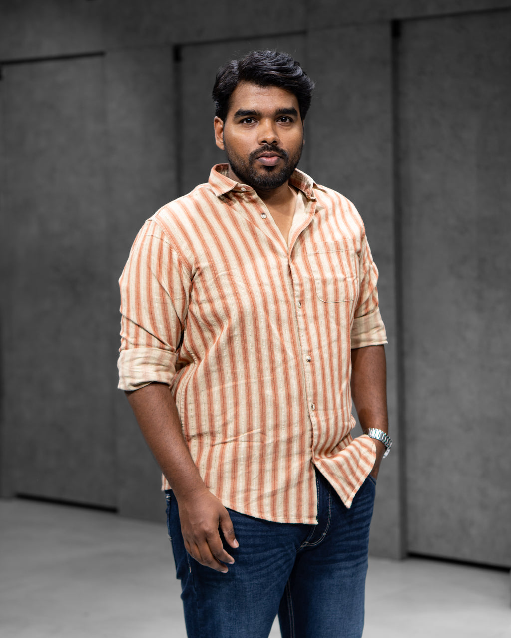 Rust Beige Striped Full Sleeve Shirt - Menly Clothing
