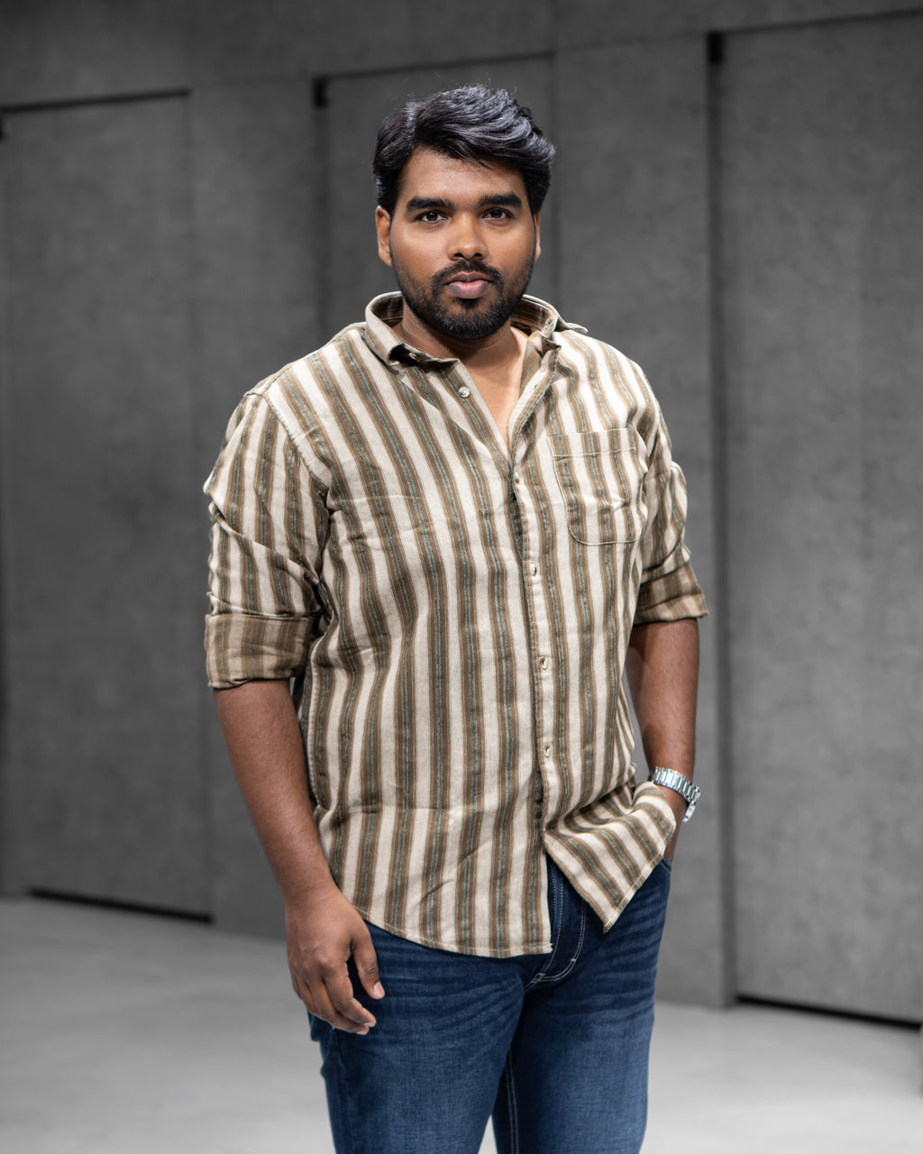 Olive Brown Striped Full Sleeve Shirt - Menly Clothing