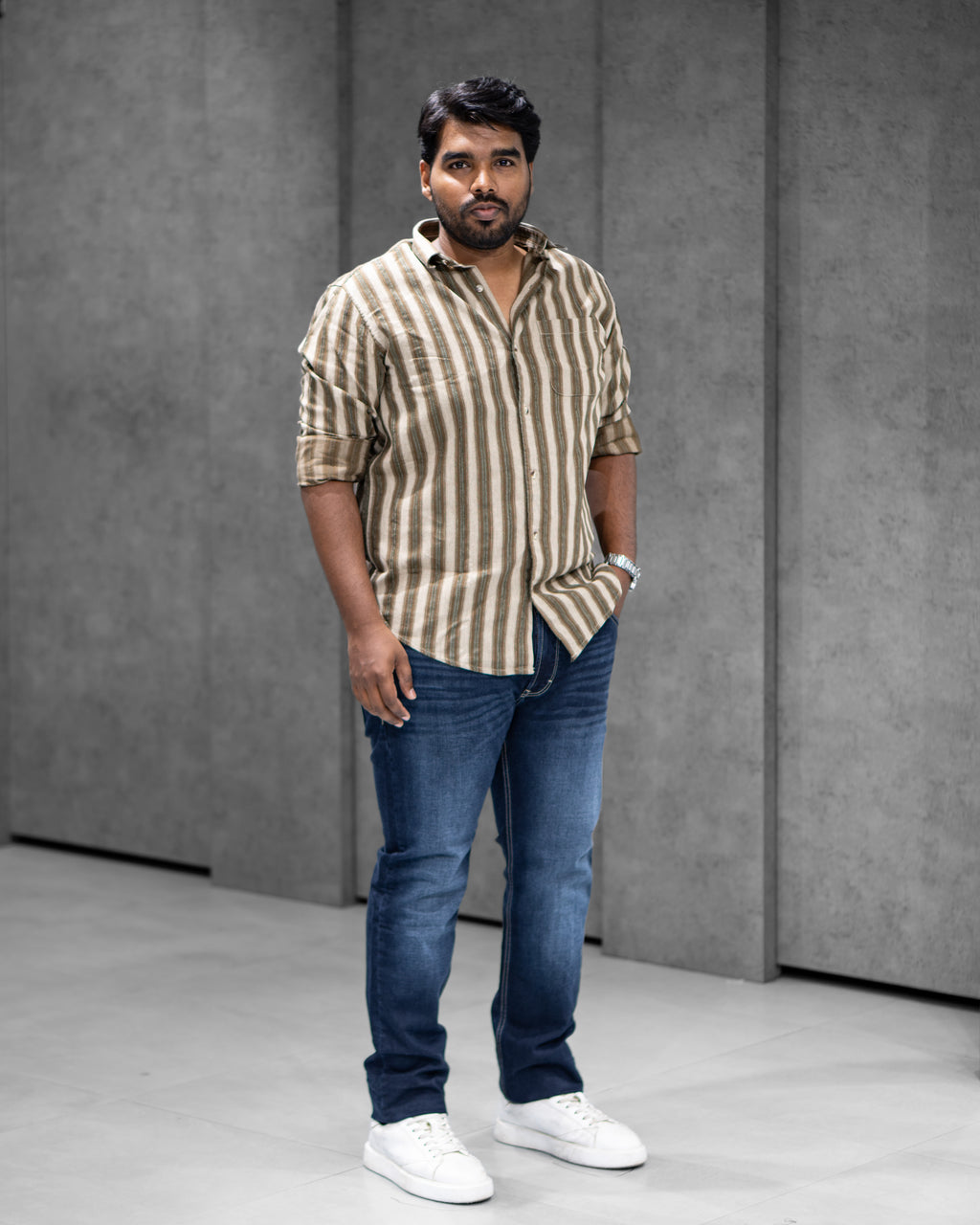 Olive Brown Striped Full Sleeve Shirt - Menly Clothing