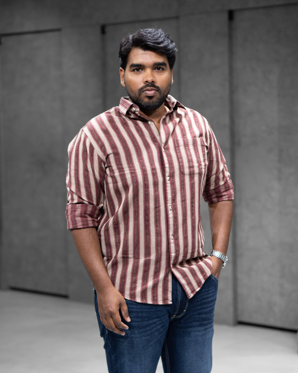 Maroon Beige Striped Full Sleeve Shirt - Menly Clothing