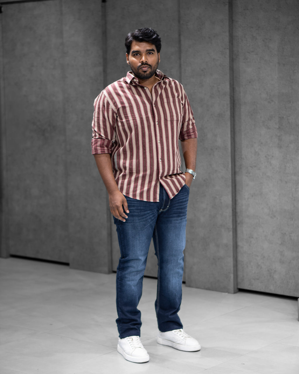 Maroon Beige Striped Full Sleeve Shirt - Menly Clothing