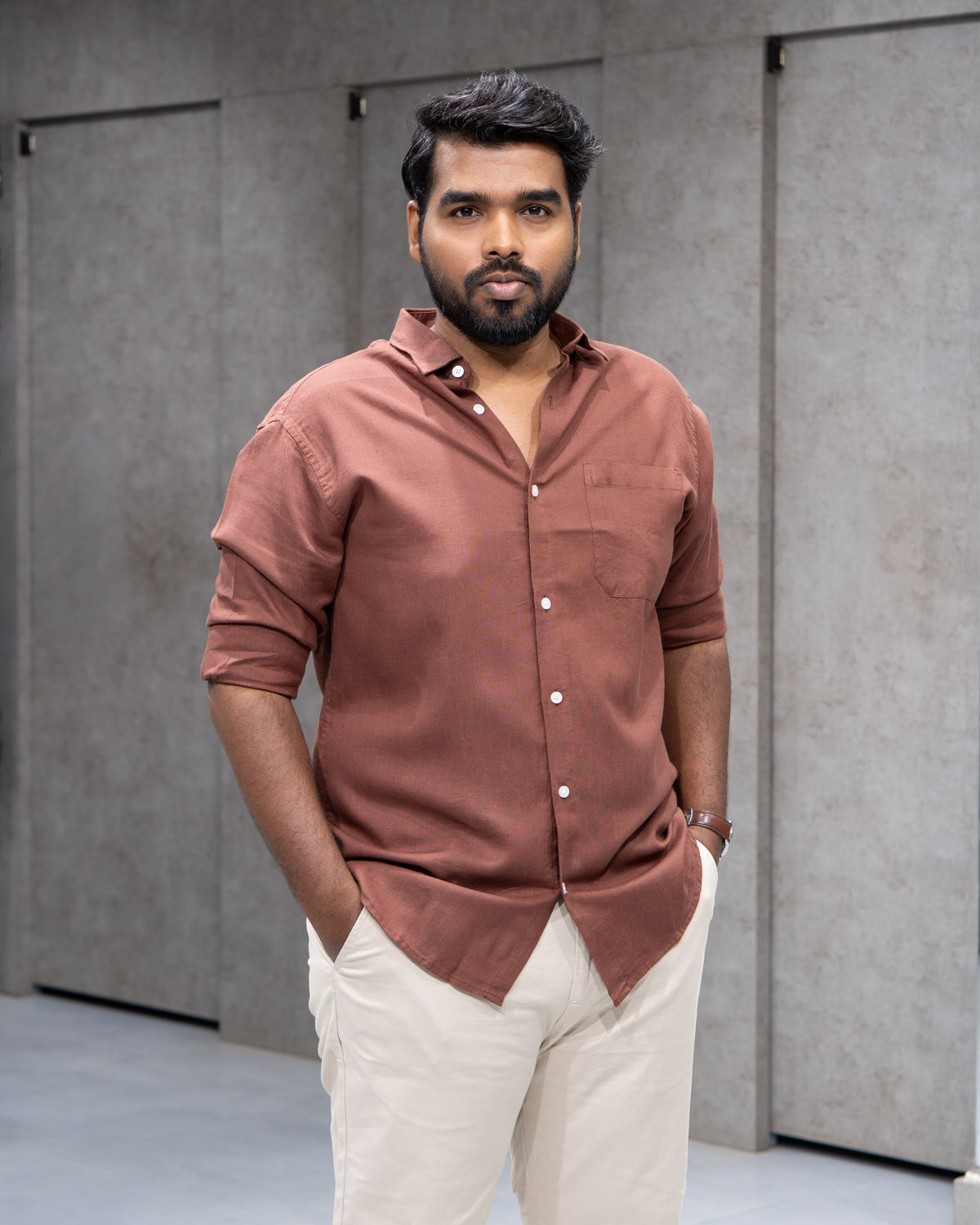 Rust Brown Linen Solid Shirt