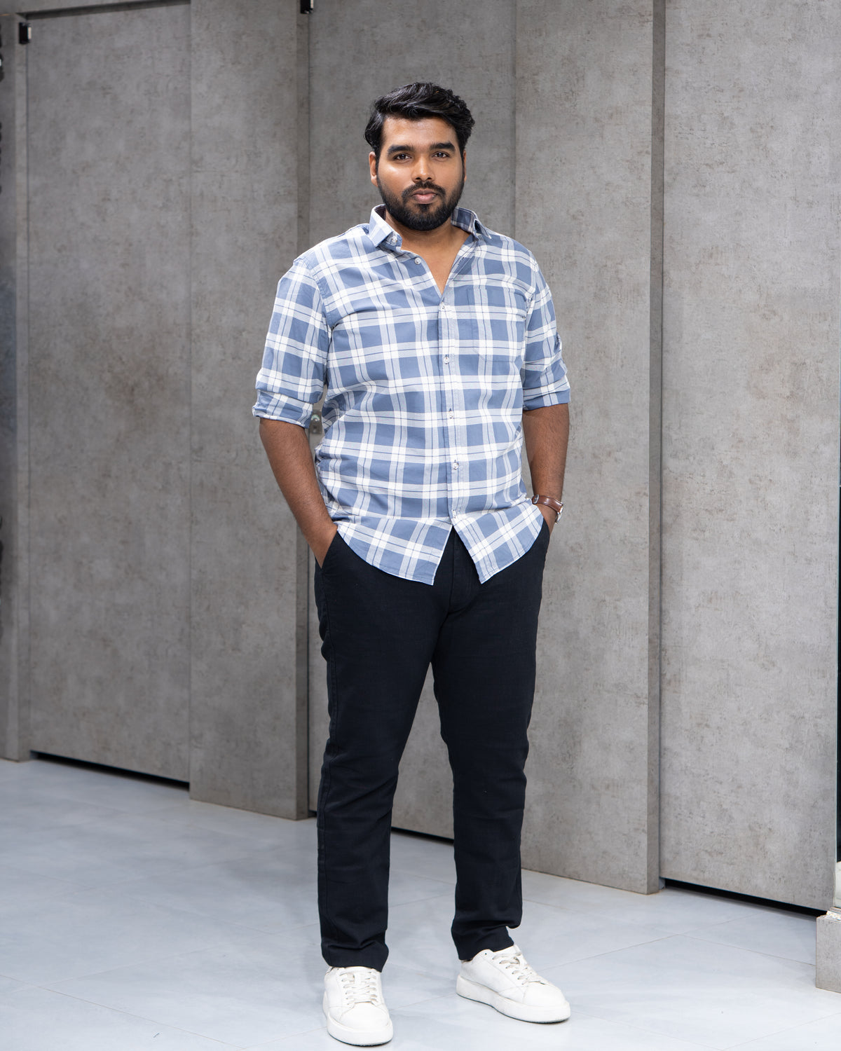 Menly Powder Blue Plaid Cotton Shirt
