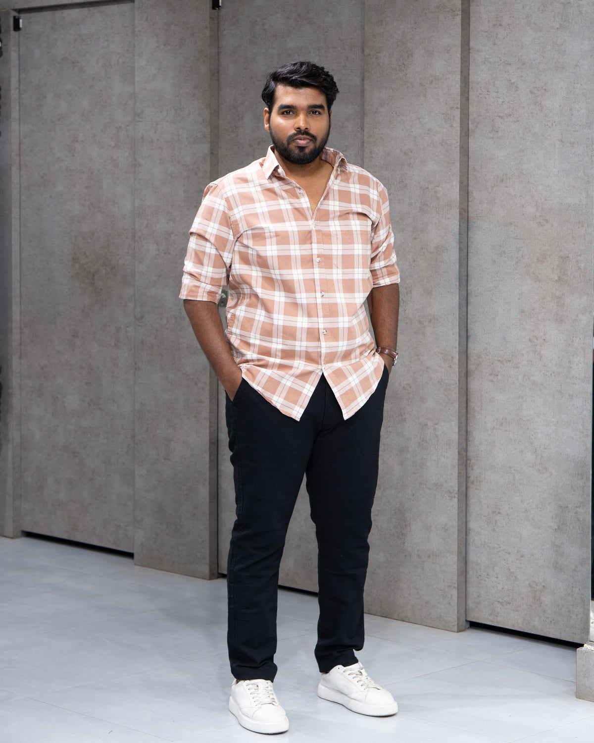 Menly Peach Plaid Cotton Shirt