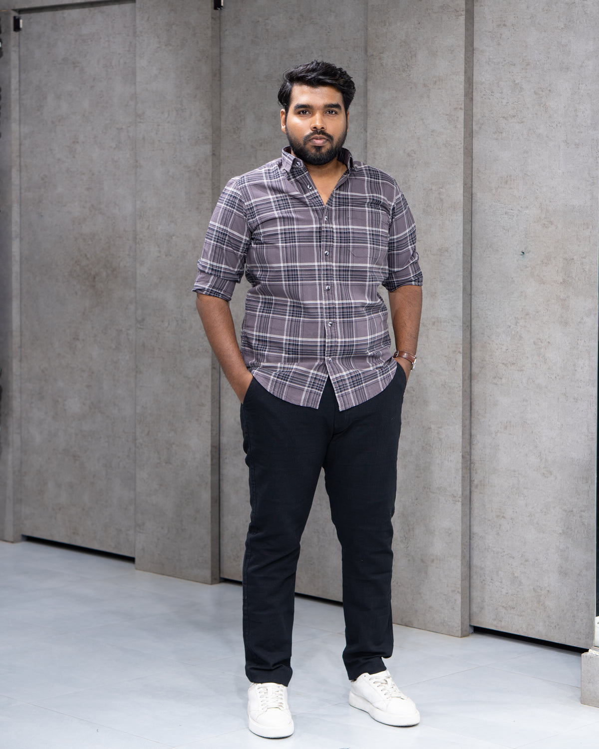 Menly Grey Brown Plaid Cotton Shirt