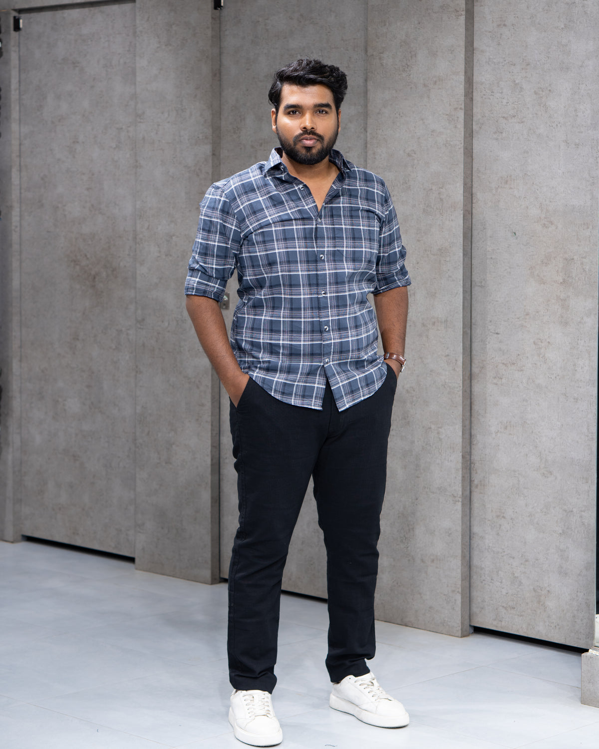 Menly Charcoal Blue Plaid Cotton Shirt