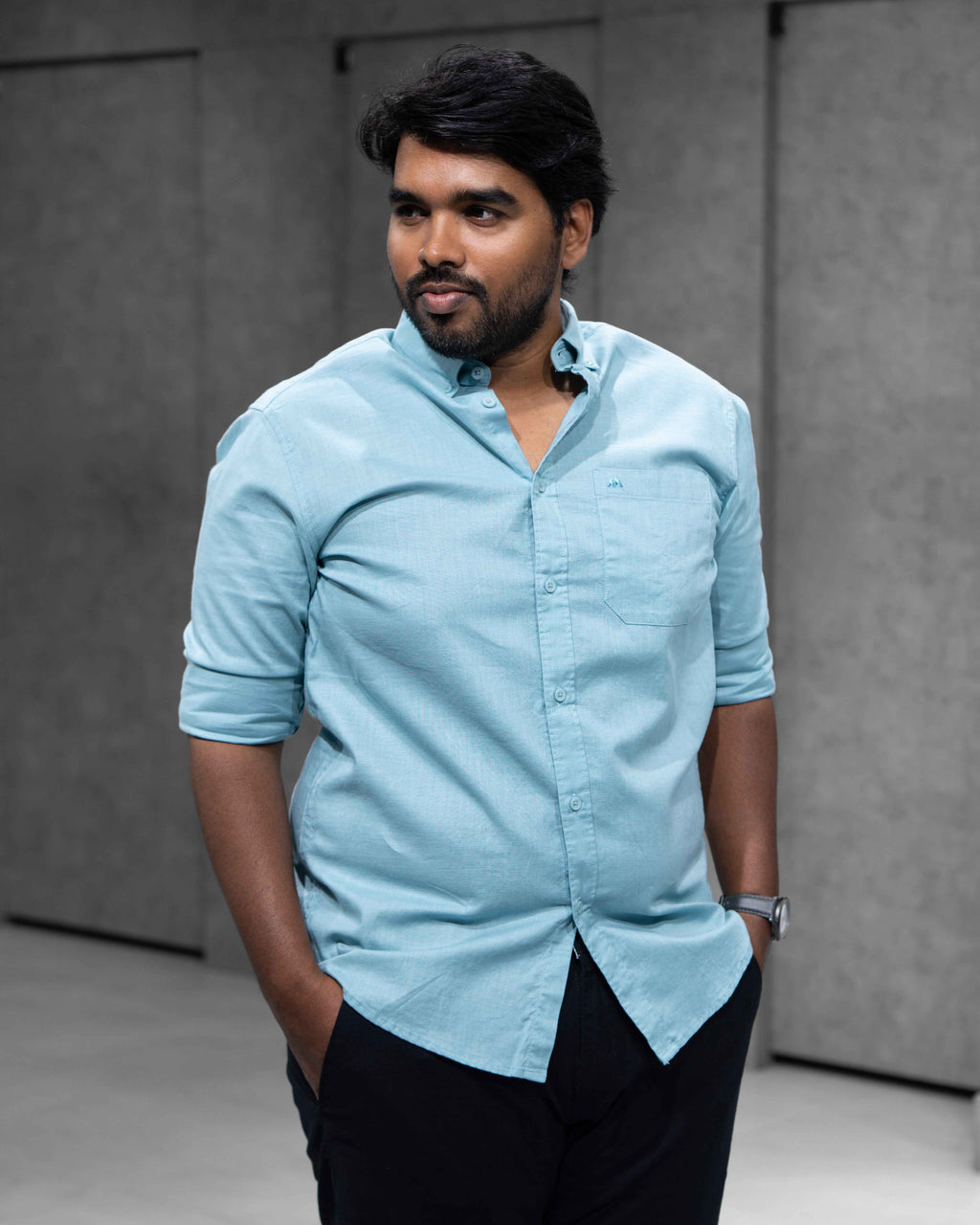 Menly Aqua Blue Cotton Linen Shirt