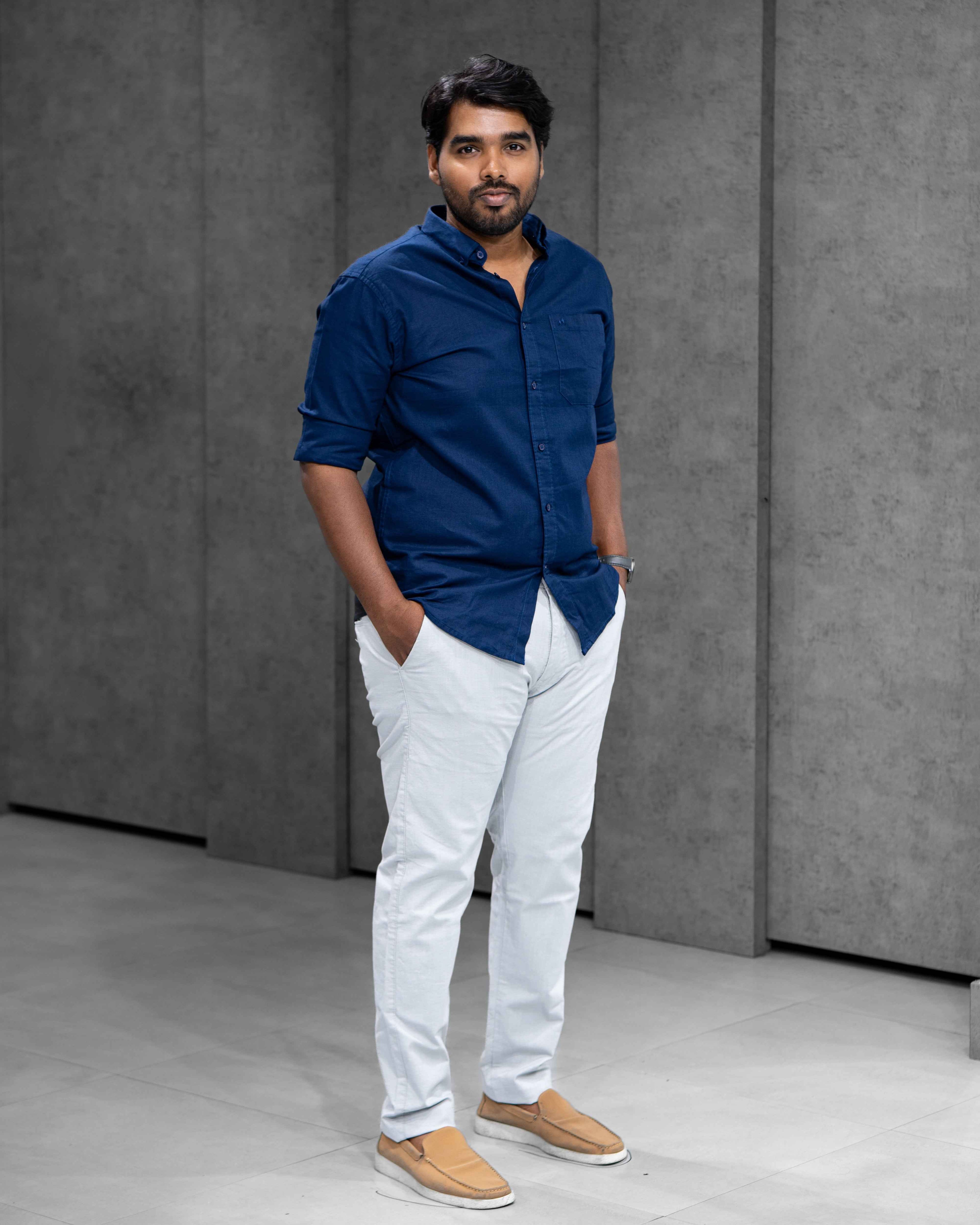 Menly Navy Blue Cotton Linen Shirt