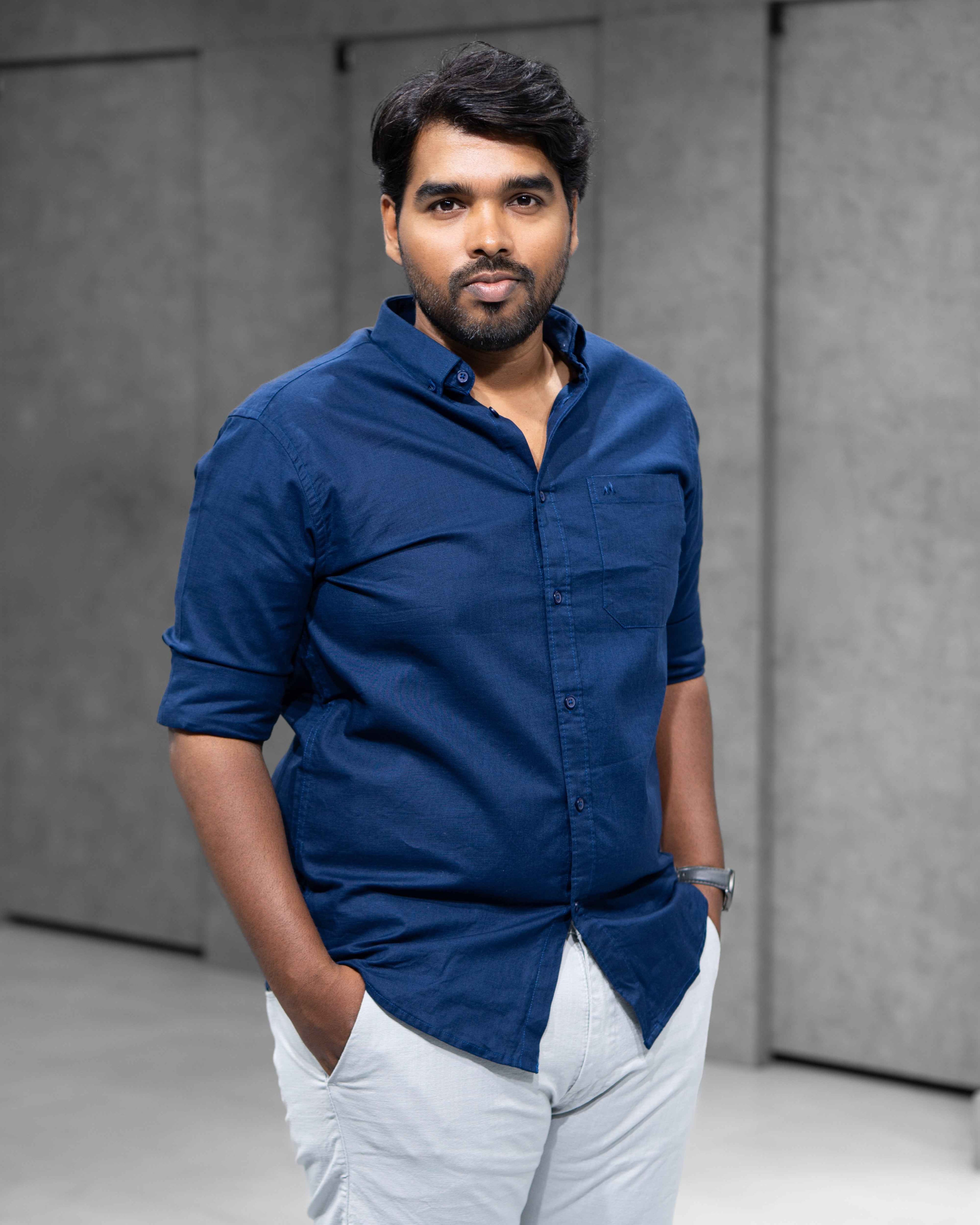 Menly Navy Blue Cotton Linen Shirt