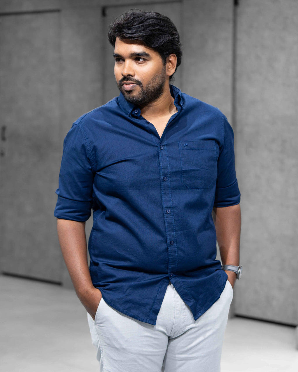 Menly Navy Blue Cotton Linen Shirt