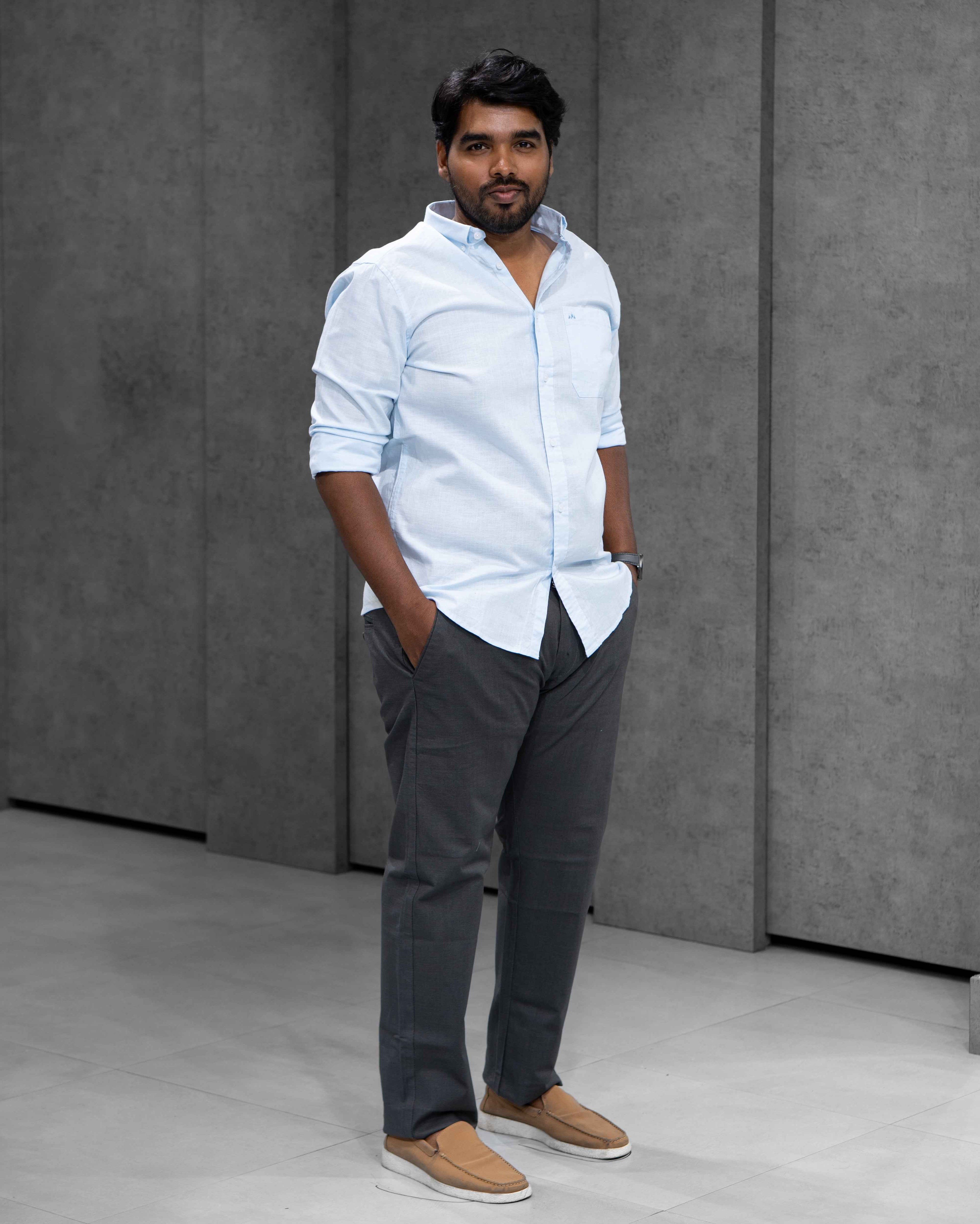 Menly Ice Blue Cotton Linen Shirt