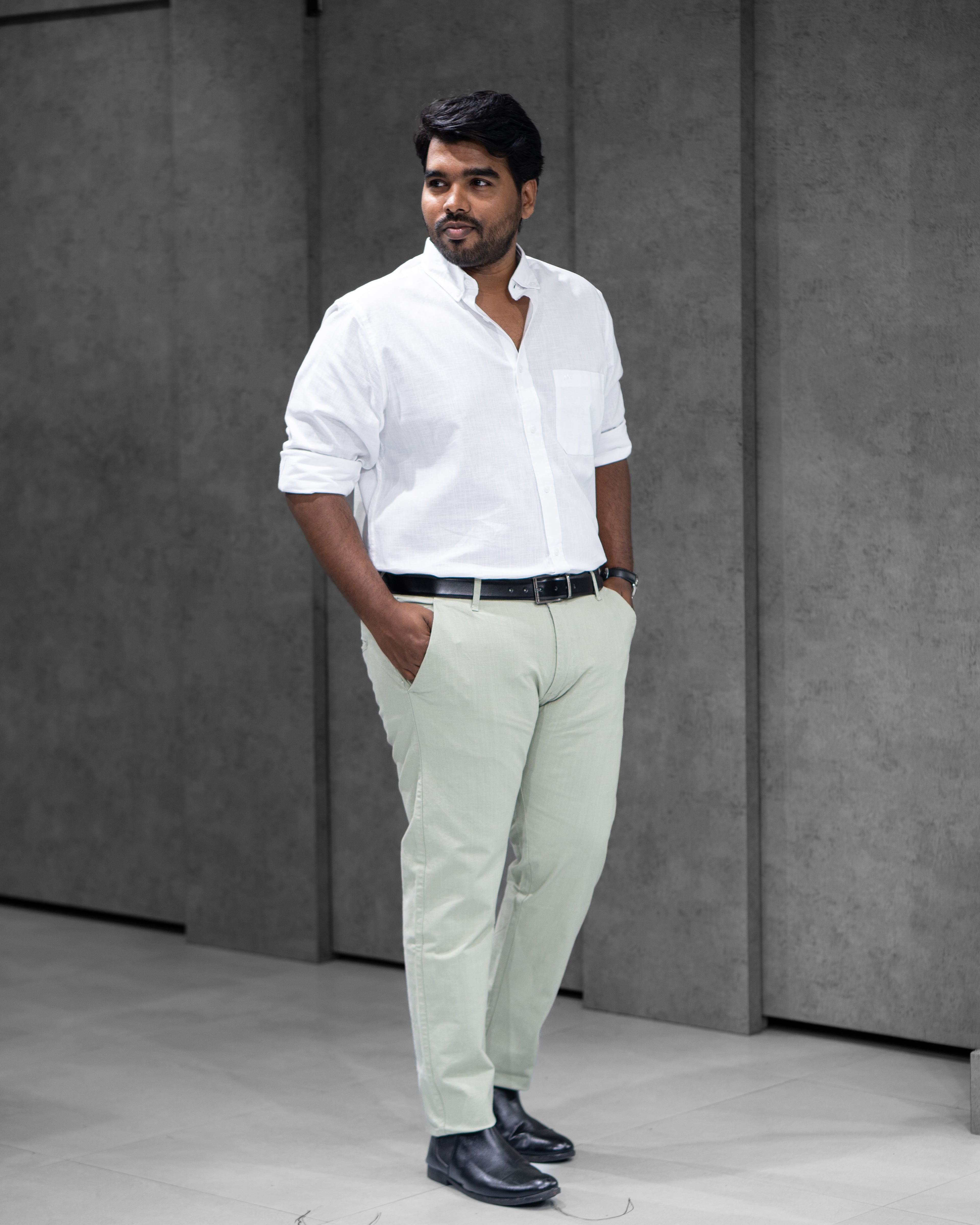 Menly White Cotton Linen Shirt & Pista Green Linen Pants Combo