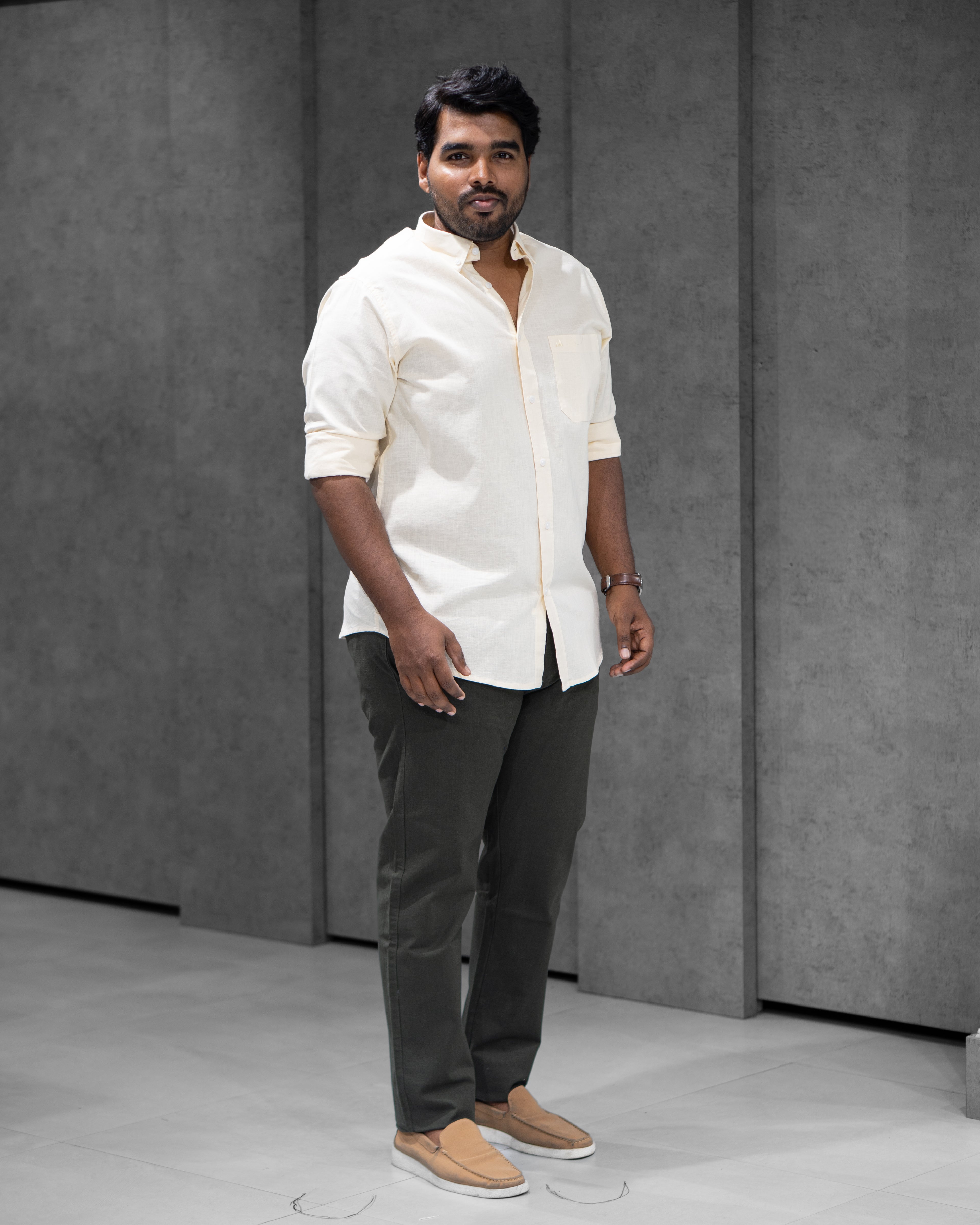 Menly Lime Yellow Cotton Linen Shirt & Dark Olive Linen Pants Combo
